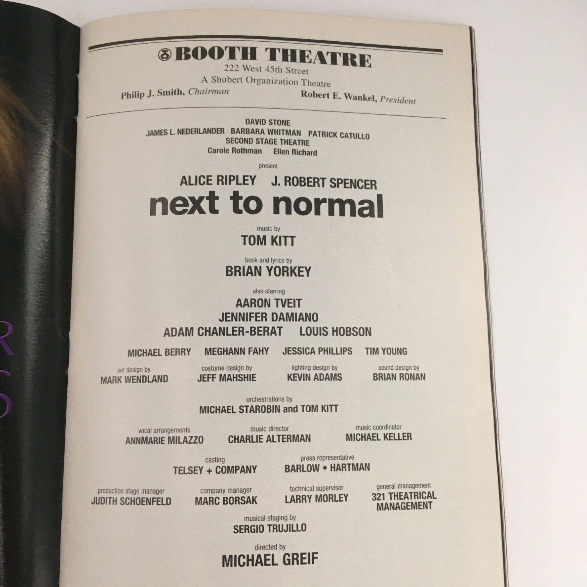 2009 Playbill Next To Normal by Michael Greif at Booth Theatre