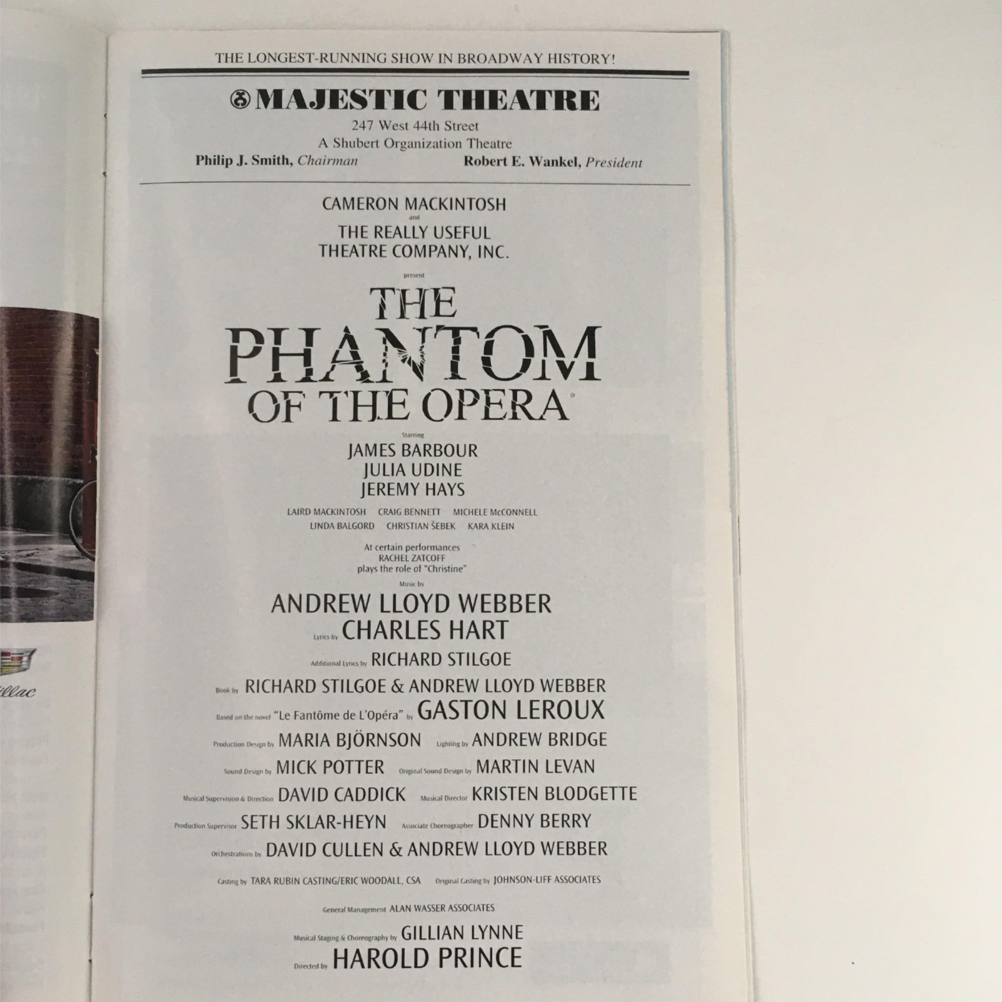 2016 Playbill The Phantom Of The Opera by Harold Prince at Majestic Theatre