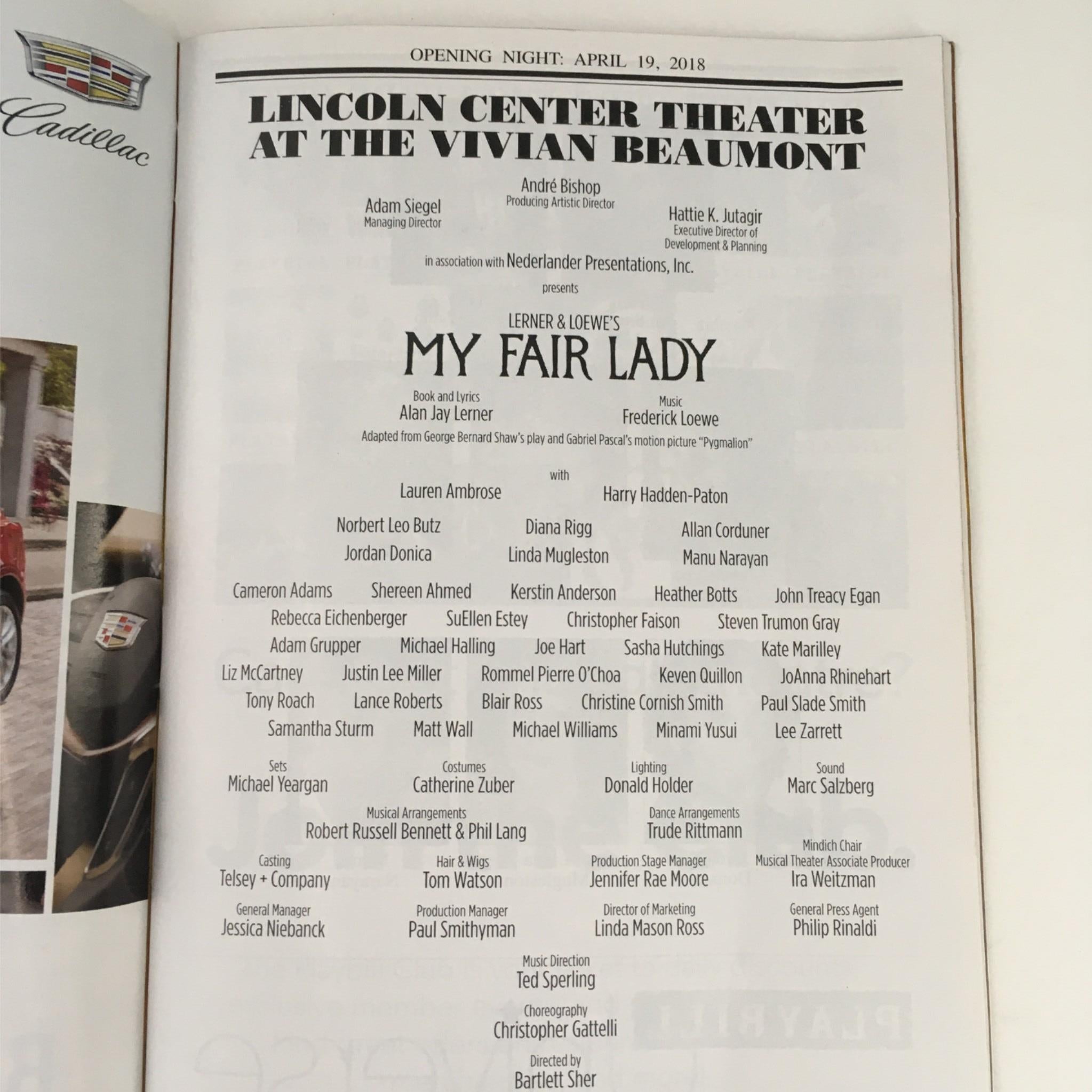 2018 Playbill My Fair Lady by Lerner & Loewe at Lincoln Center Theatre