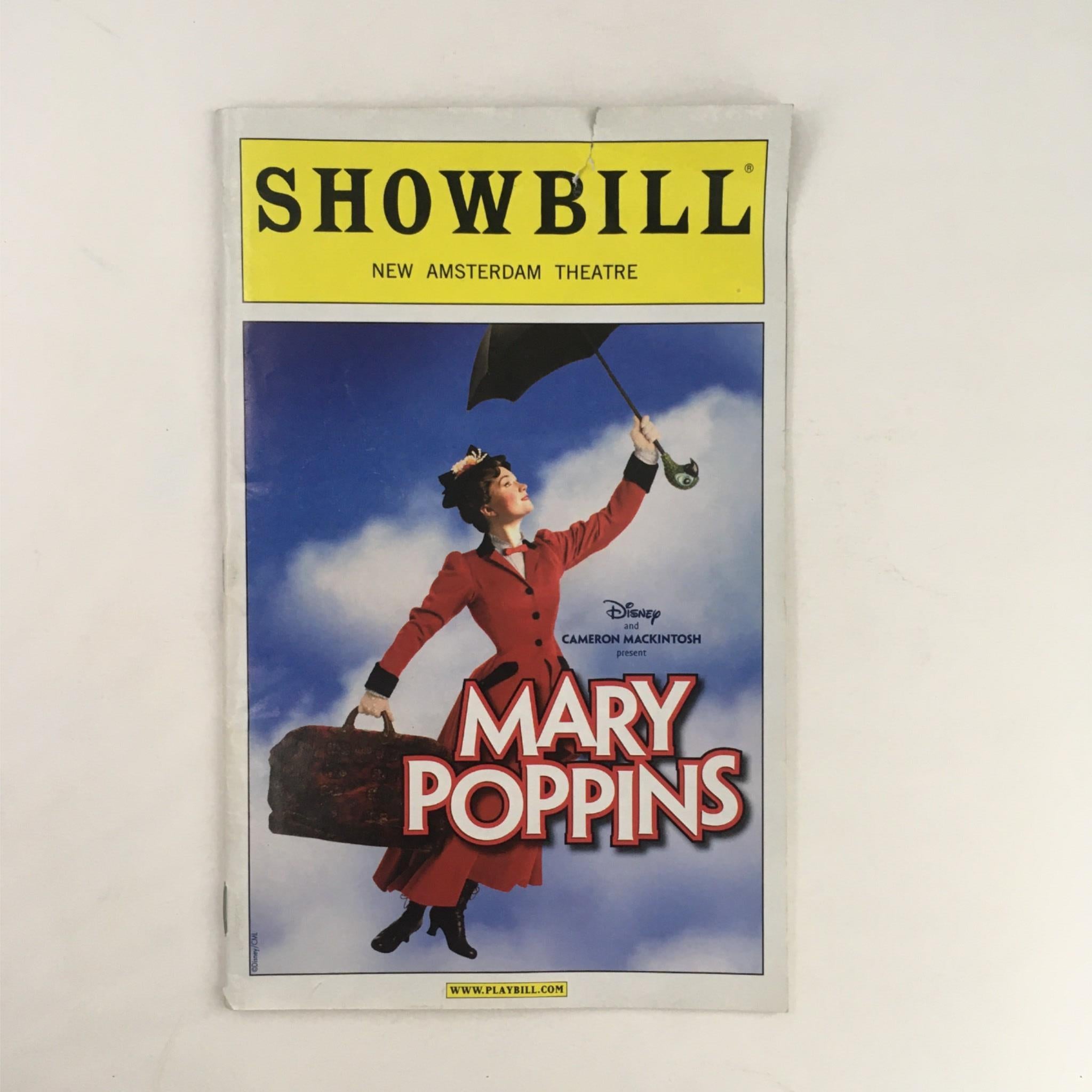 2010 Showbill for Mary Poppins by Cameron Mackintosh at New Amsterdam Theatre featuring the iconic character in a red coat with an umbrella.