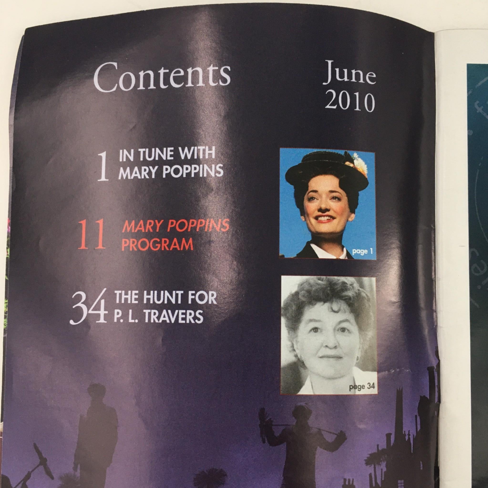 Contents page of the 2010 Showbill for Mary Poppins by Cameron Mackintosh at New Amsterdam Theatre, featuring images and topics related to the show.