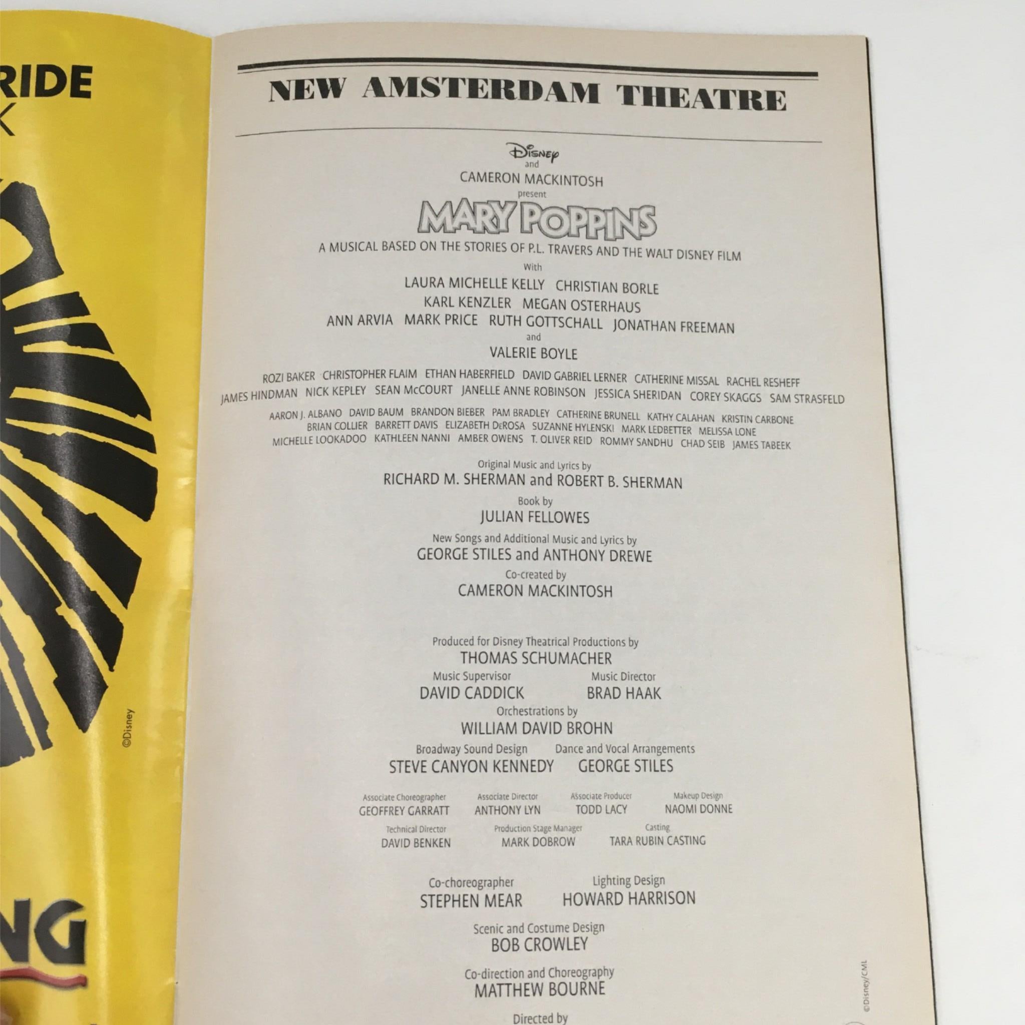 Casts and crew listing for the 2010 Showbill of Mary Poppins by Cameron Mackintosh at New Amsterdam Theatre, showcasing the talented individuals involved in the production.