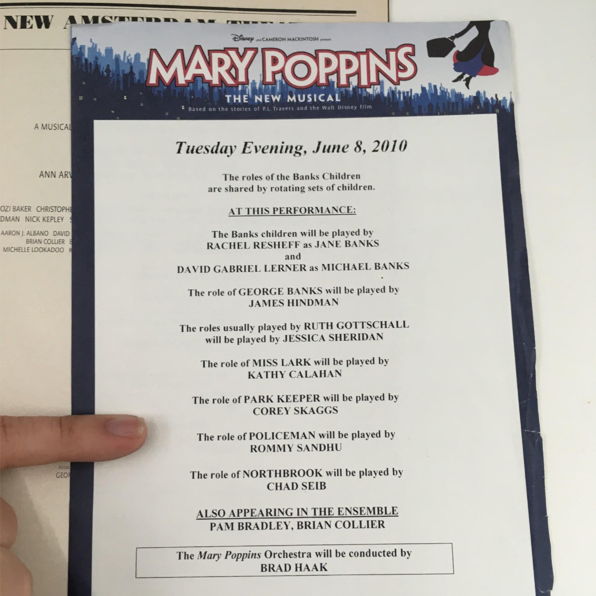 Performance details from the 2010 Showbill for Mary Poppins by Cameron Mackintosh at New Amsterdam Theatre, highlighting roles played during the performance.