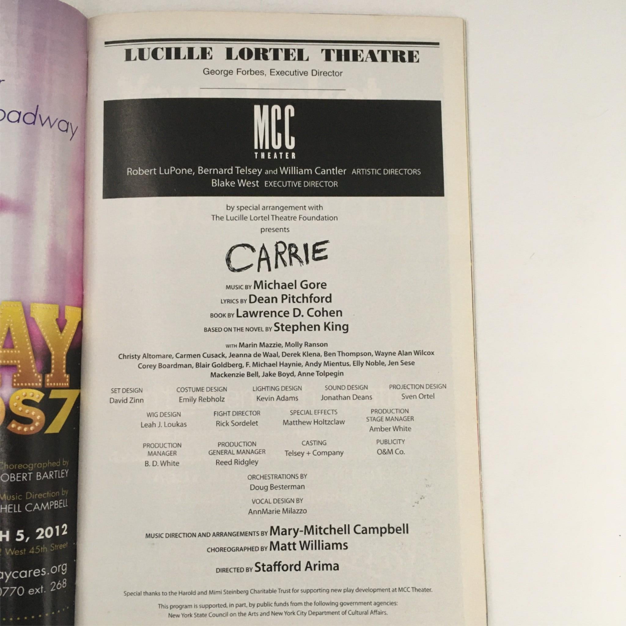 2012 Playbill Carrie Off Broadway by Marin Mazzie, at Lucille Lortel Theatre