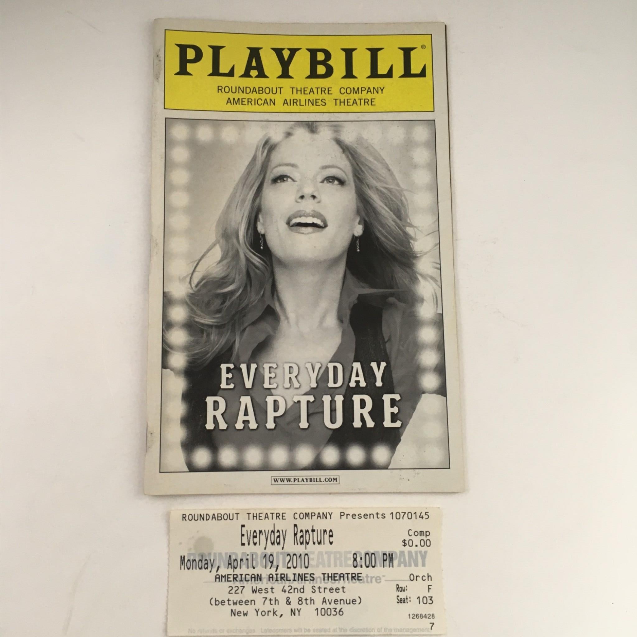 2010 Playbill Everyday Rapture Michael Mayer American Airlines Theatre w/ Ticket