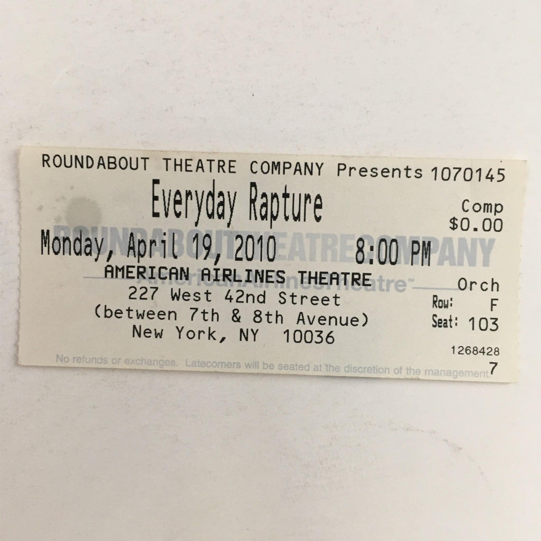 2010 Playbill Everyday Rapture Michael Mayer American Airlines Theatre w/ Ticket