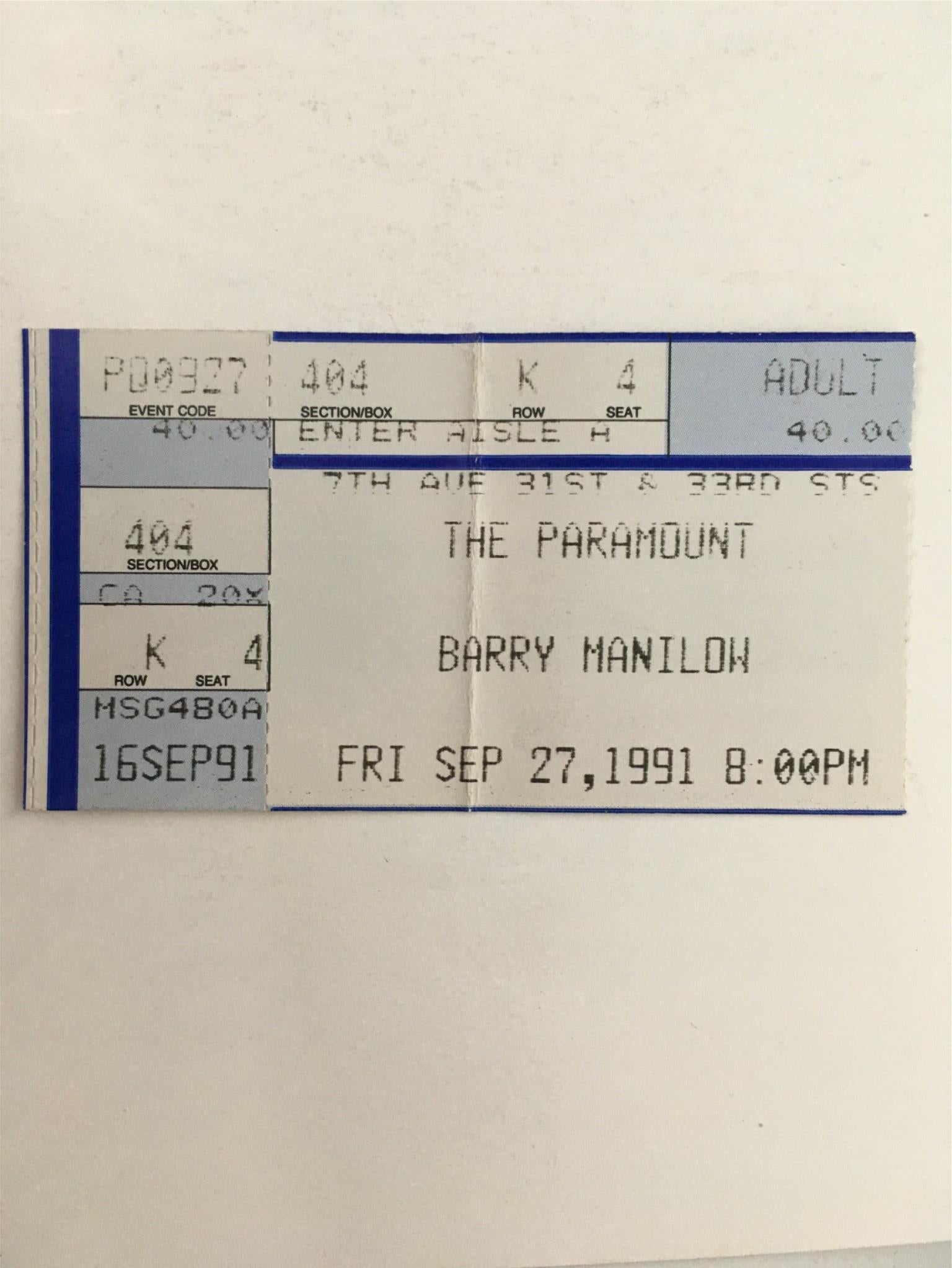 1991 Showstoppers Barry Manilow at The Paramount with Tickets