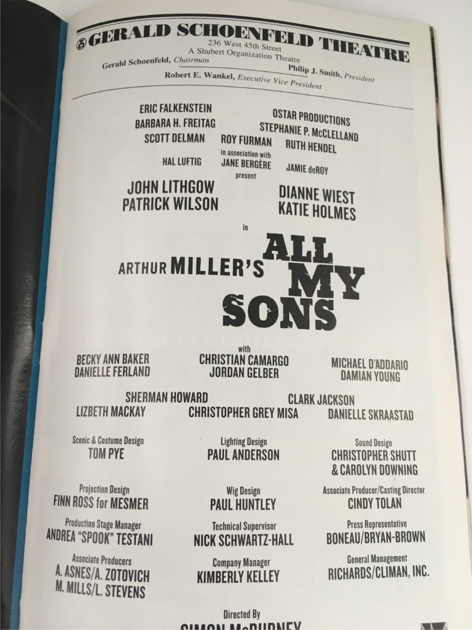 2008 Playbill All My Sons by Arthur Miller Gerald Schoenfeld Theatre w/ Ticket