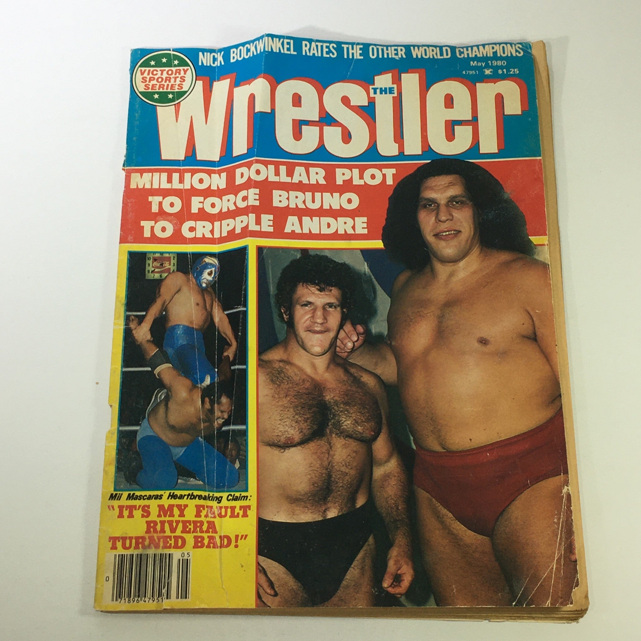 Cover of VTG The Wrestler Magazine May 1980 featuring Bruno Sammartino and André the Giant, with headlines about a million-dollar plot.