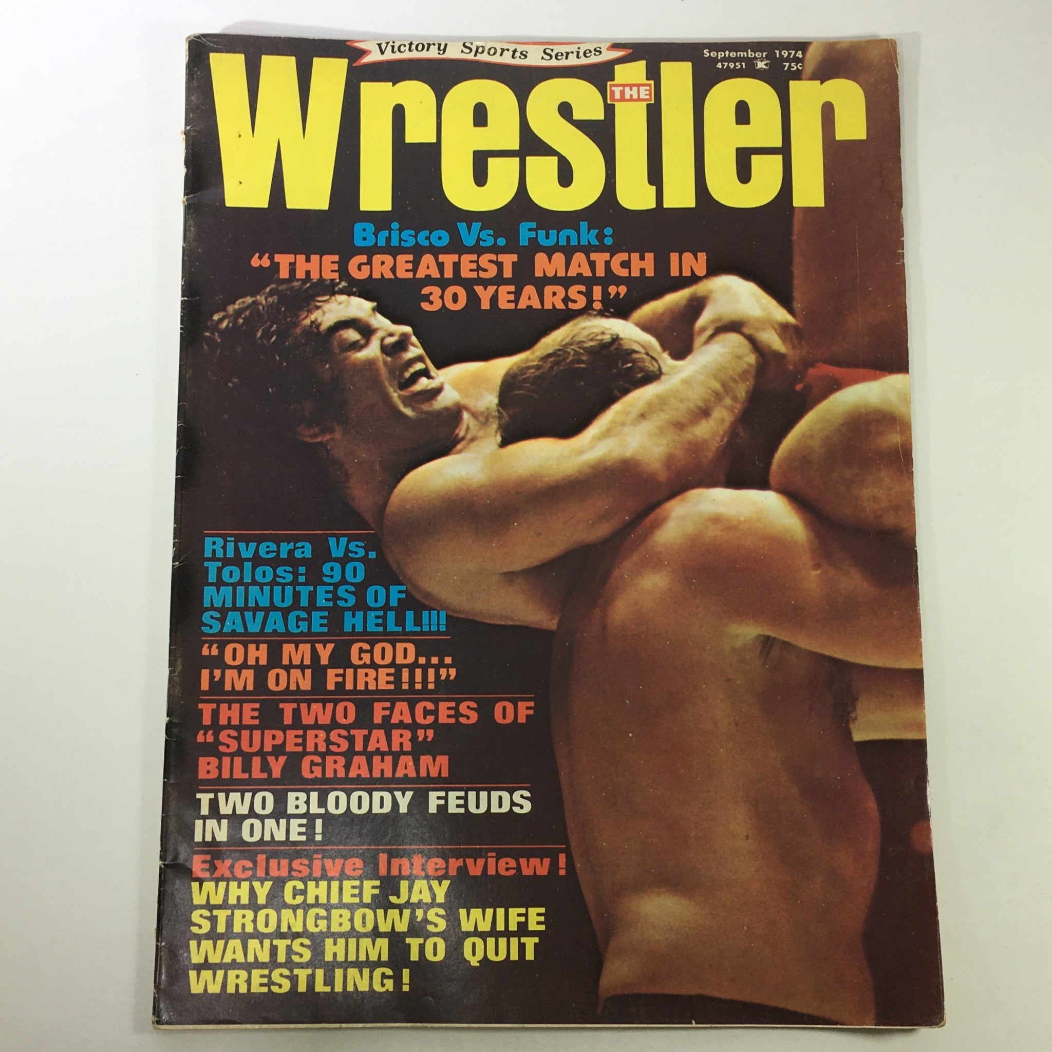 Vintage September 1974 issue of The Wrestler Magazine featuring the iconic match cover of Gerald Brisco vs Terry Funk with the headline 'THE GREATEST MATCH IN 30 YEARS!' showcasing classic wrestling excitement.
