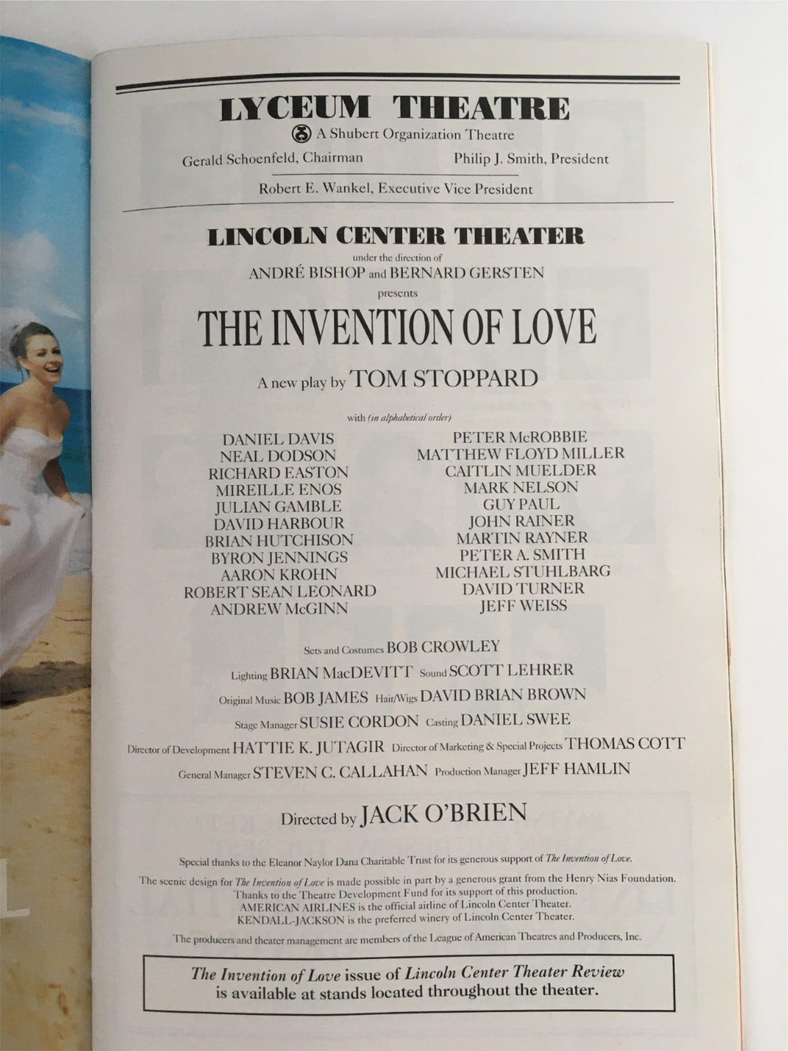 2001 Playbill The Invention of Love by Tom Stoppard at Lyceum Theatre w/ Ticket