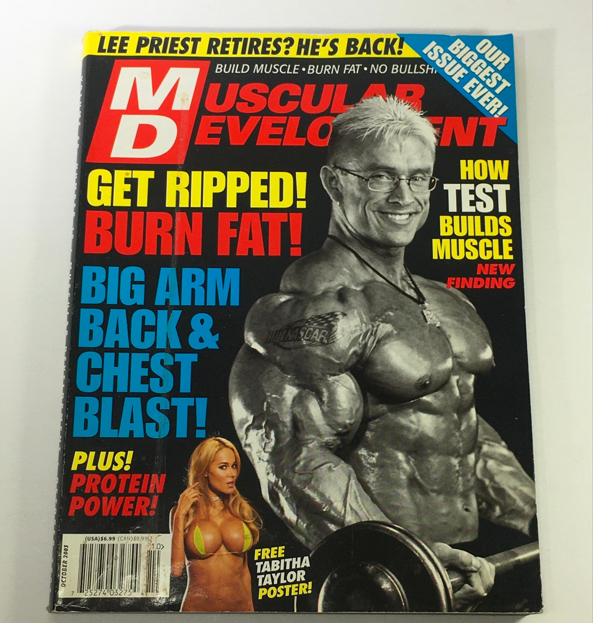 Cover of Muscular Development Magazine October 2003 featuring Tabitha Taylor and Lee Priest, highlighting fitness culture with a focus on bodybuilding and muscle building tips.