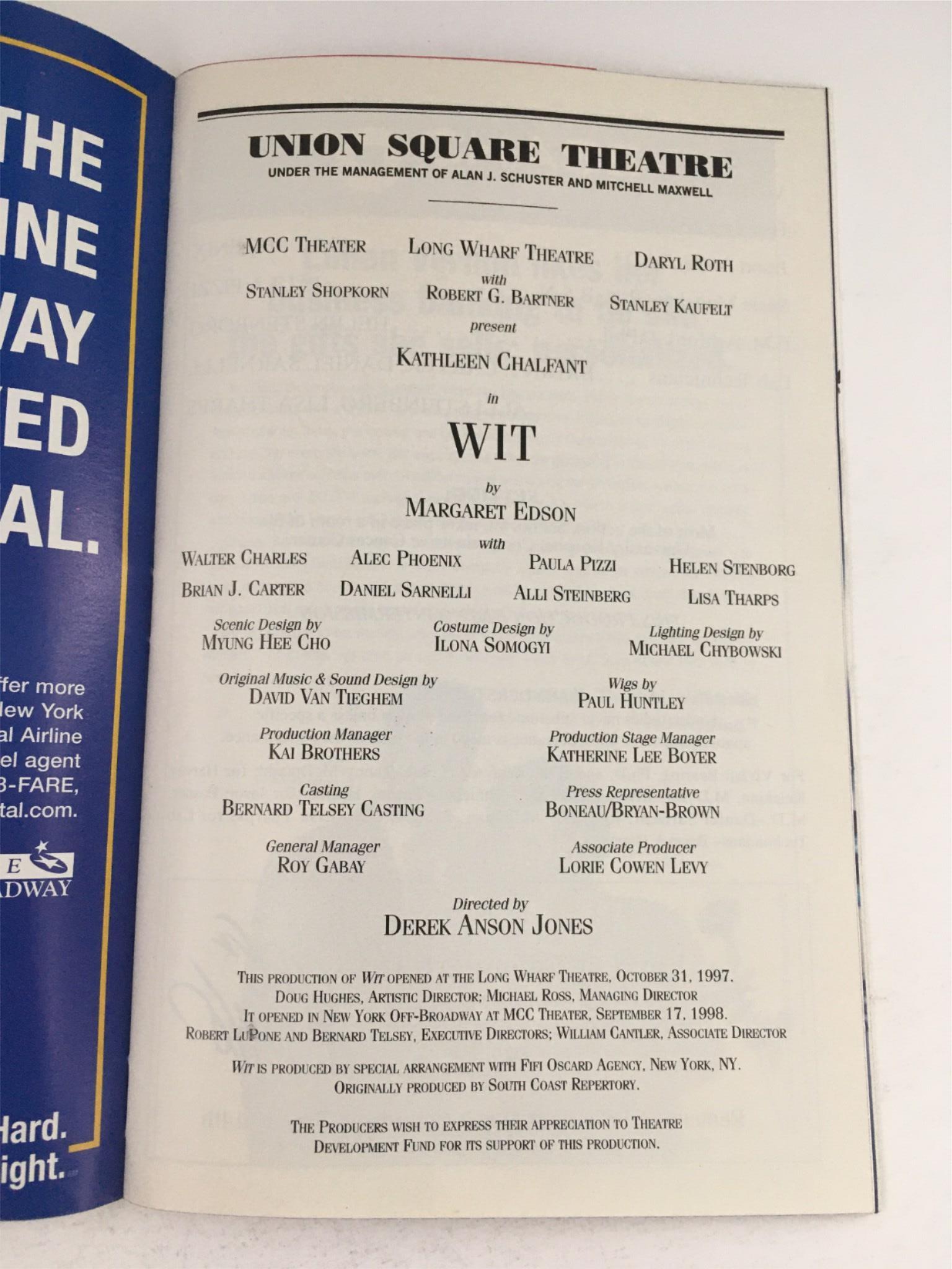 1999 Playbill Wit by Margaret Edson, Derek Anson Jones at Union Square Theatre