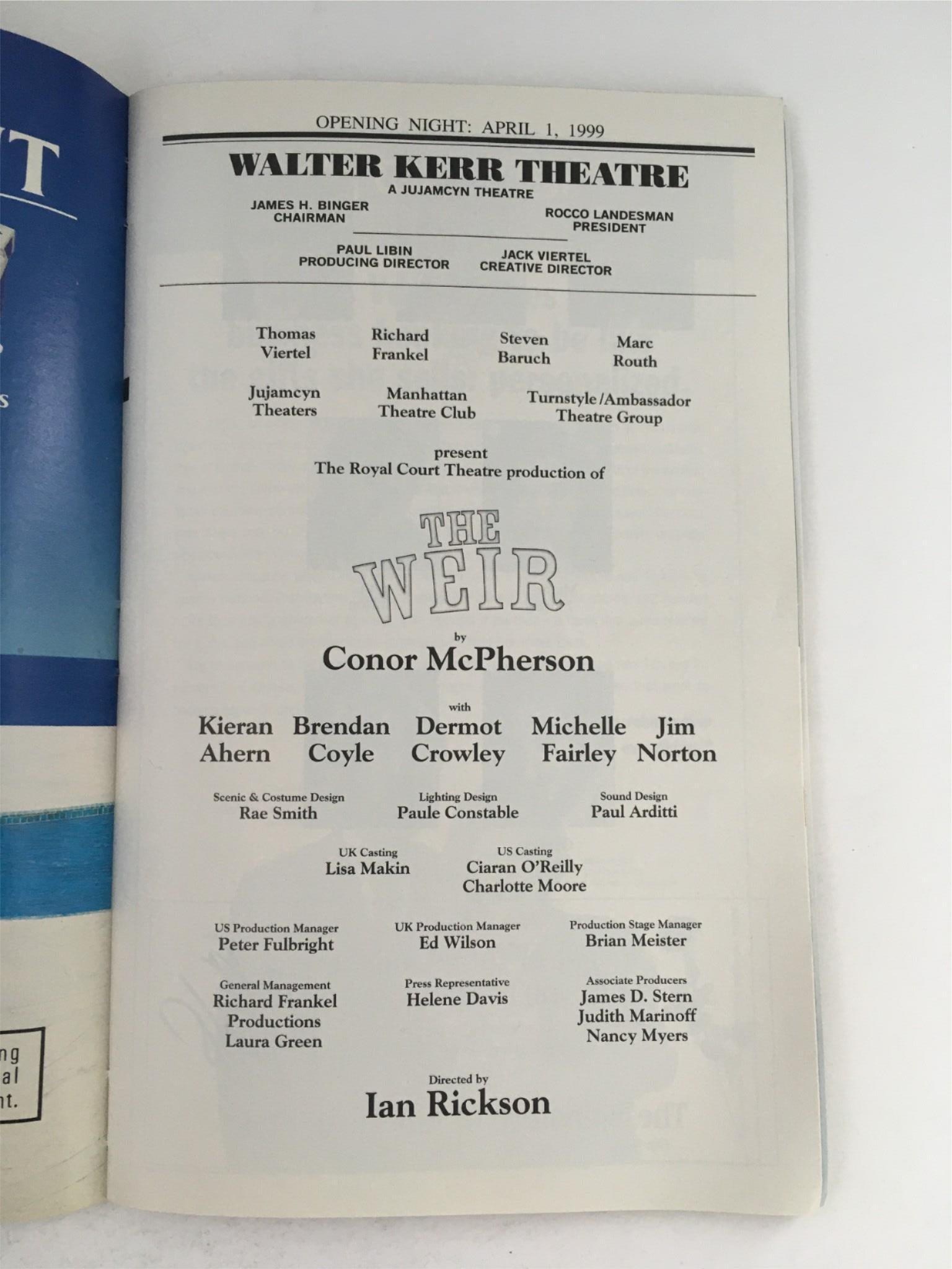 1999 Playbill The Weir by Conor McPherson at Walter Kerr Theatre w/ Ticket VG