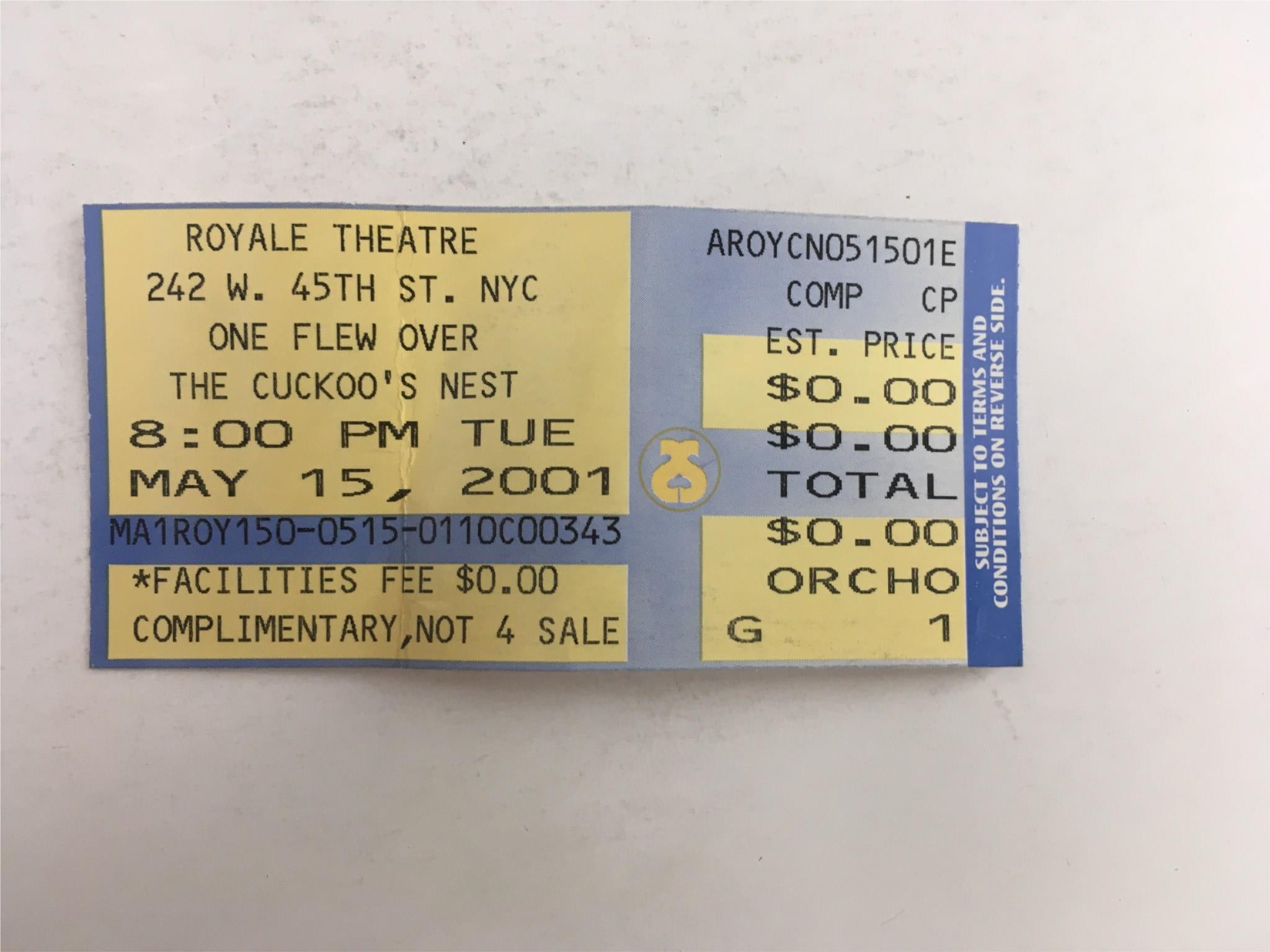 2001 Playbill One Flew Over The Cuckoo's Nest by Dale Wasserman w/ Ticket VG