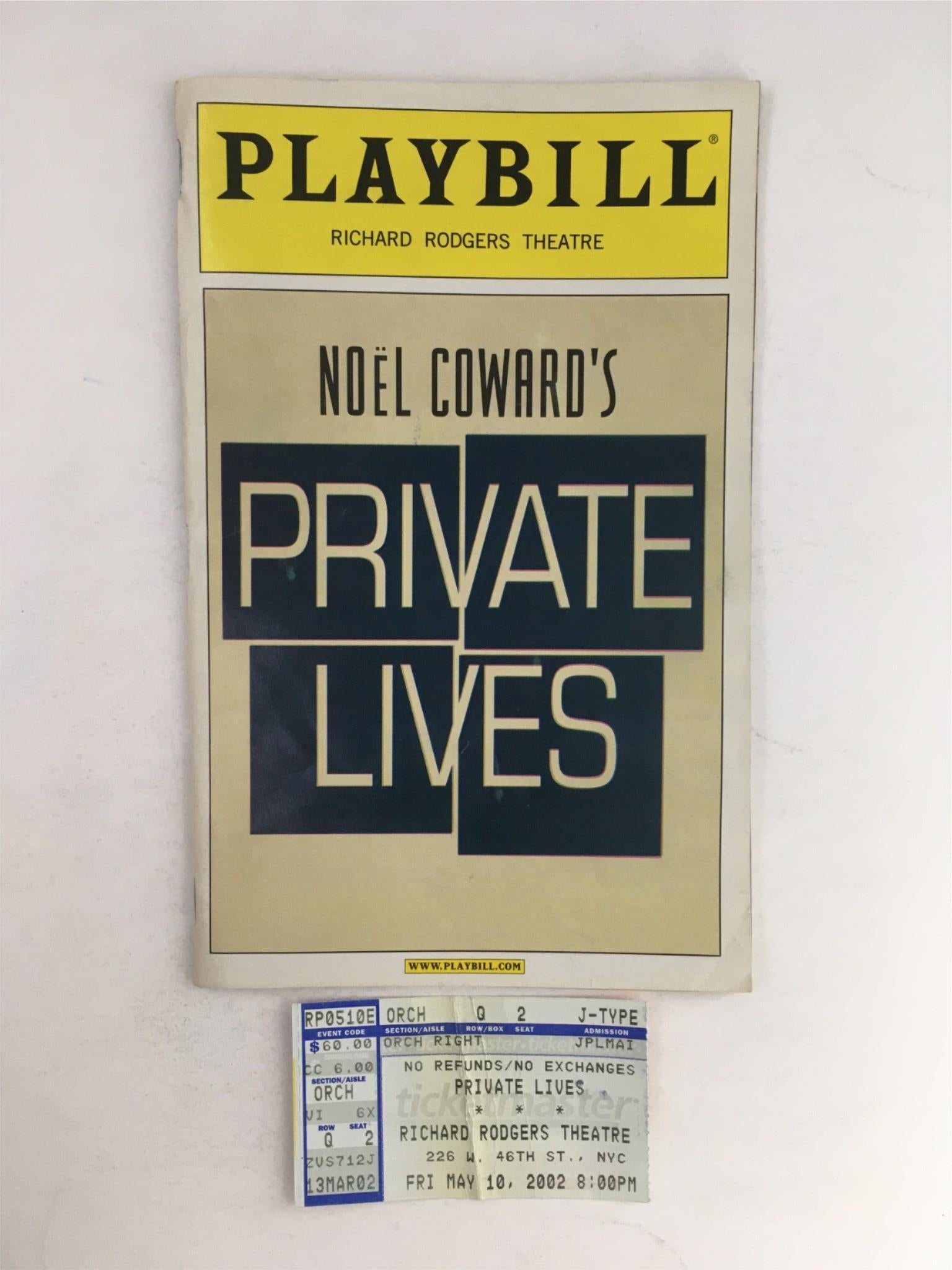 2002 Playbill Private Lives Noel Cowards, Richard Rodgers Theatre w/ Ticket VG