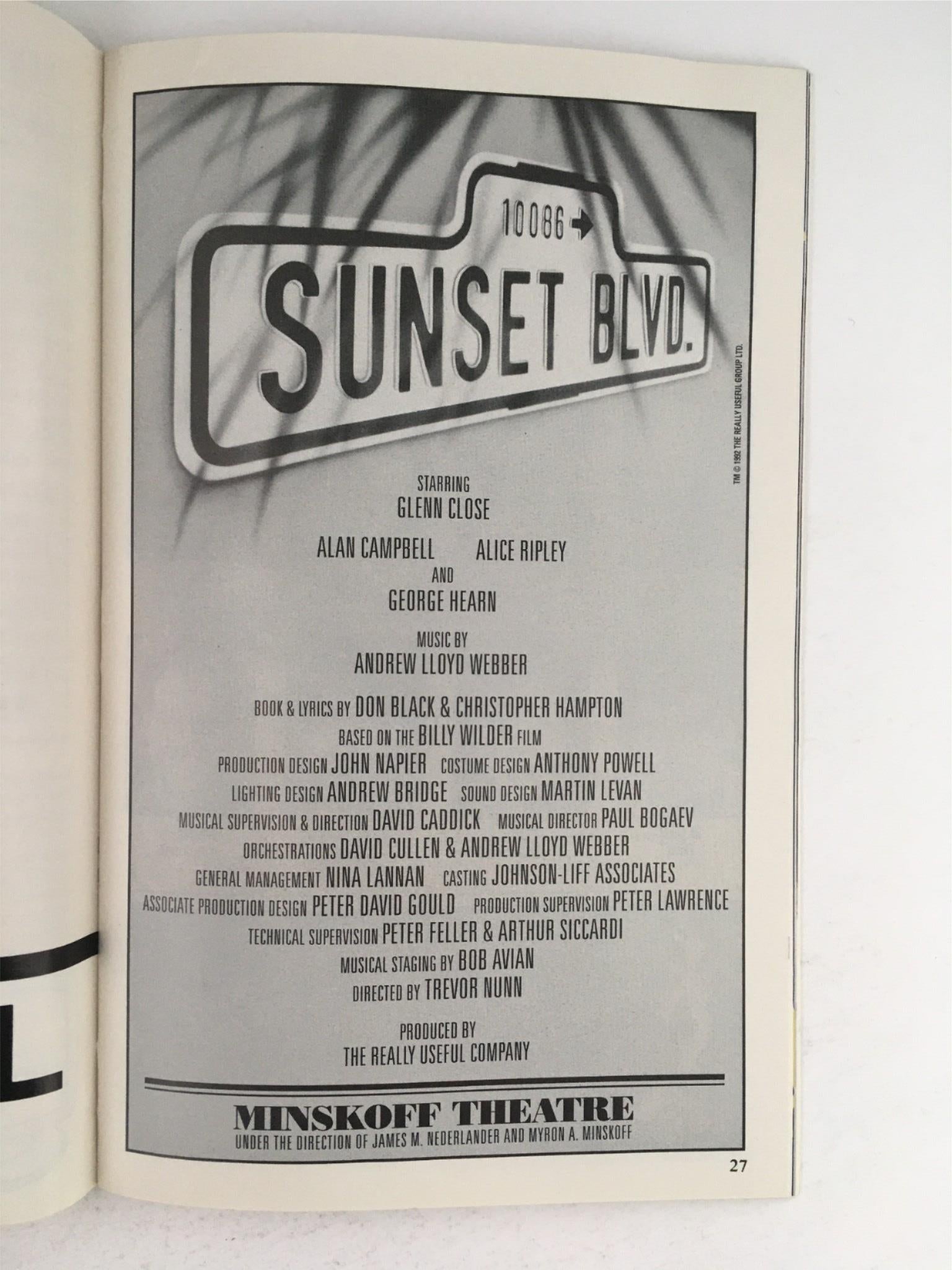 1995 Playbill Sunset Boulevard by Glenn Close, Trevor Nunn at Minskoff Theatre