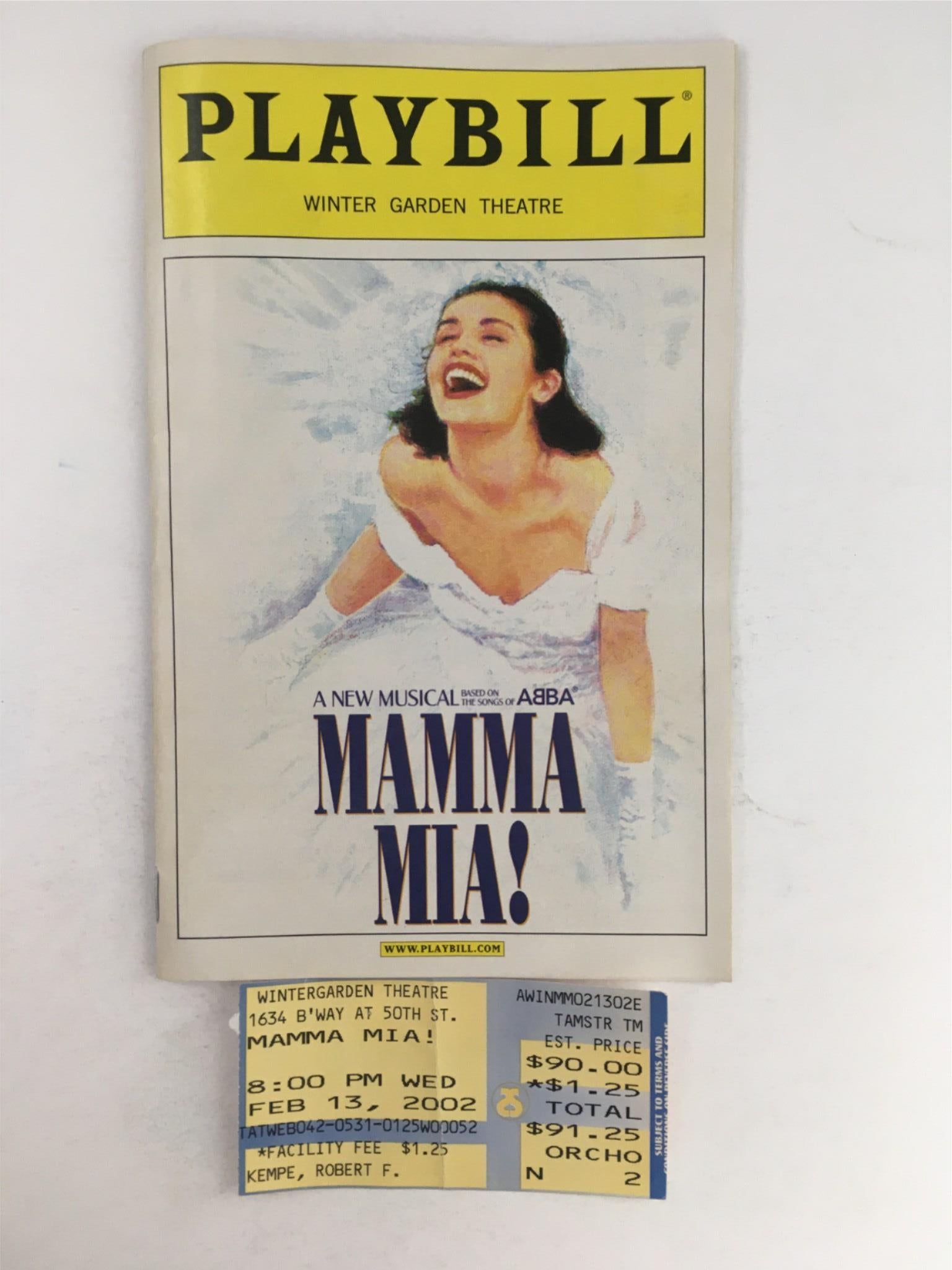 2002 Playbill Mamma Mia by Phyllida Lloyd at Winter Garden with Ticket