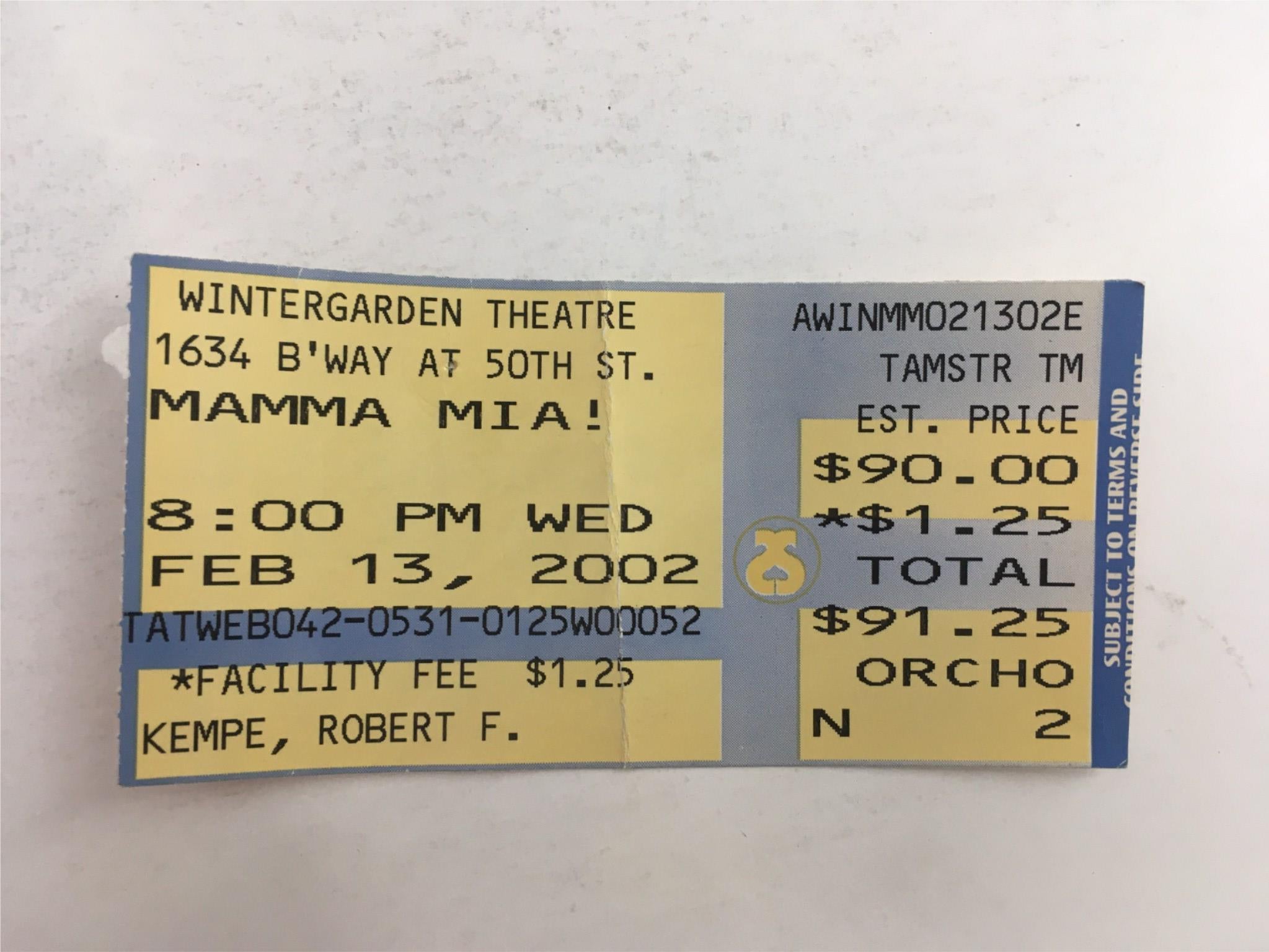 2002 Playbill Mamma Mia by Phyllida Lloyd at Winter Garden with Ticket