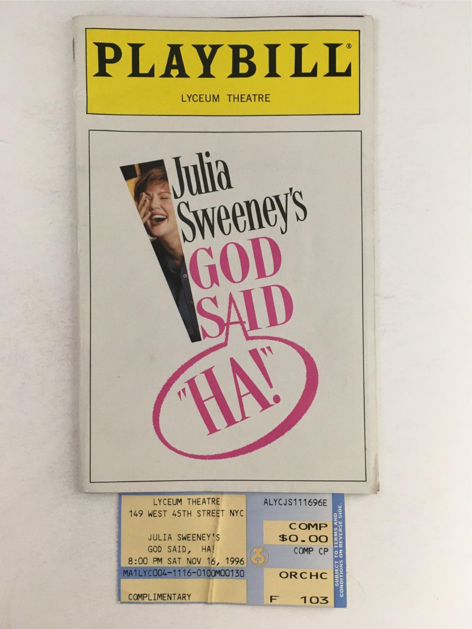 1996 Playbill God Said HA! by Julia Sweeney at Lyceum Theatre Opening Night