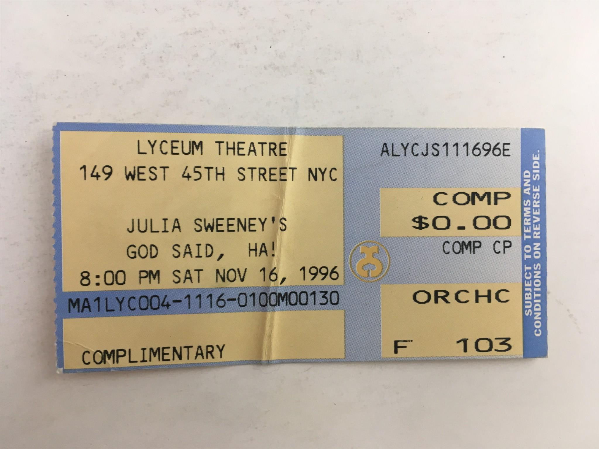 1996 Playbill God Said HA! by Julia Sweeney at Lyceum Theatre Opening Night