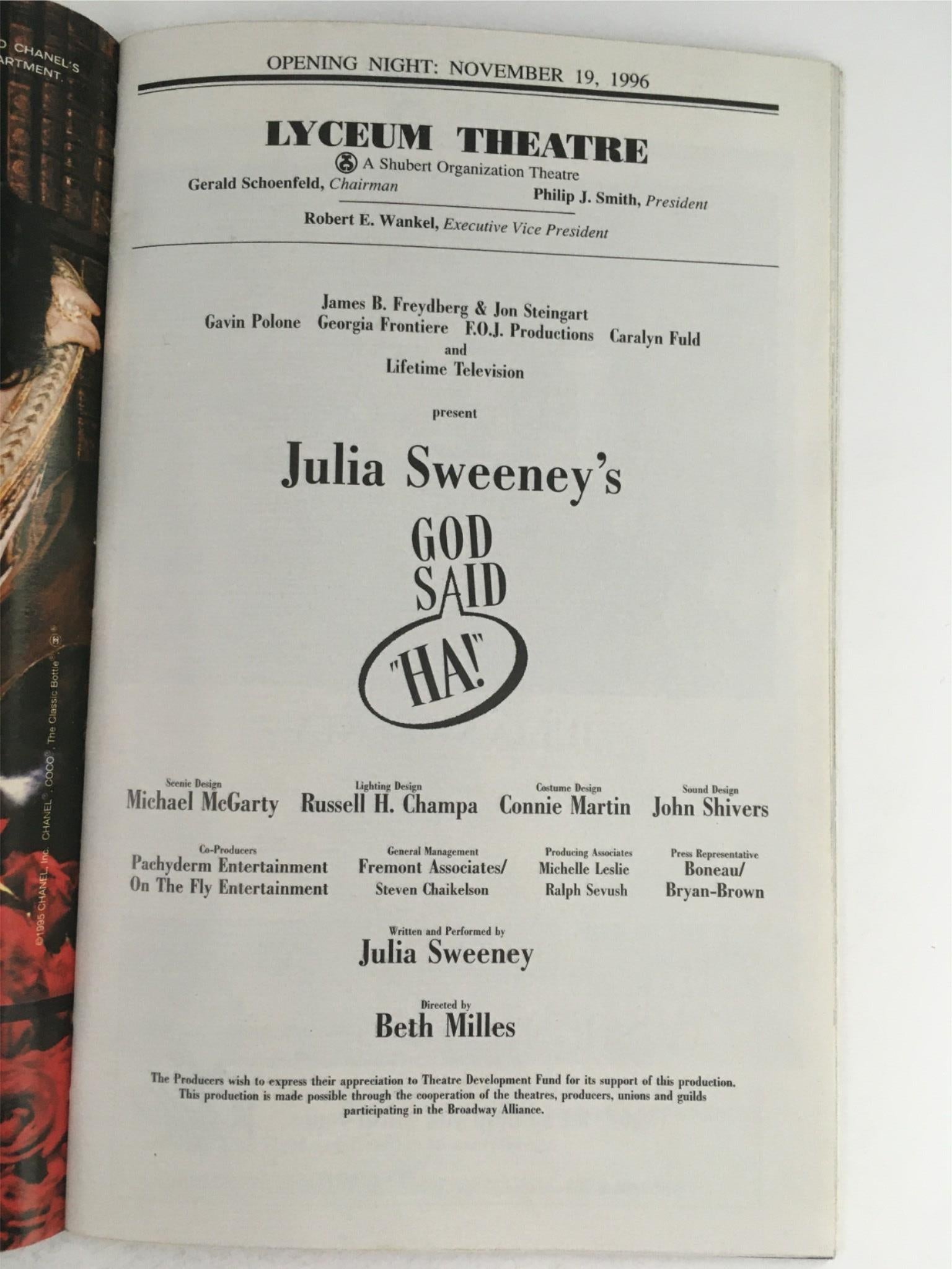 1996 Playbill God Said HA! by Julia Sweeney at Lyceum Theatre Opening Night