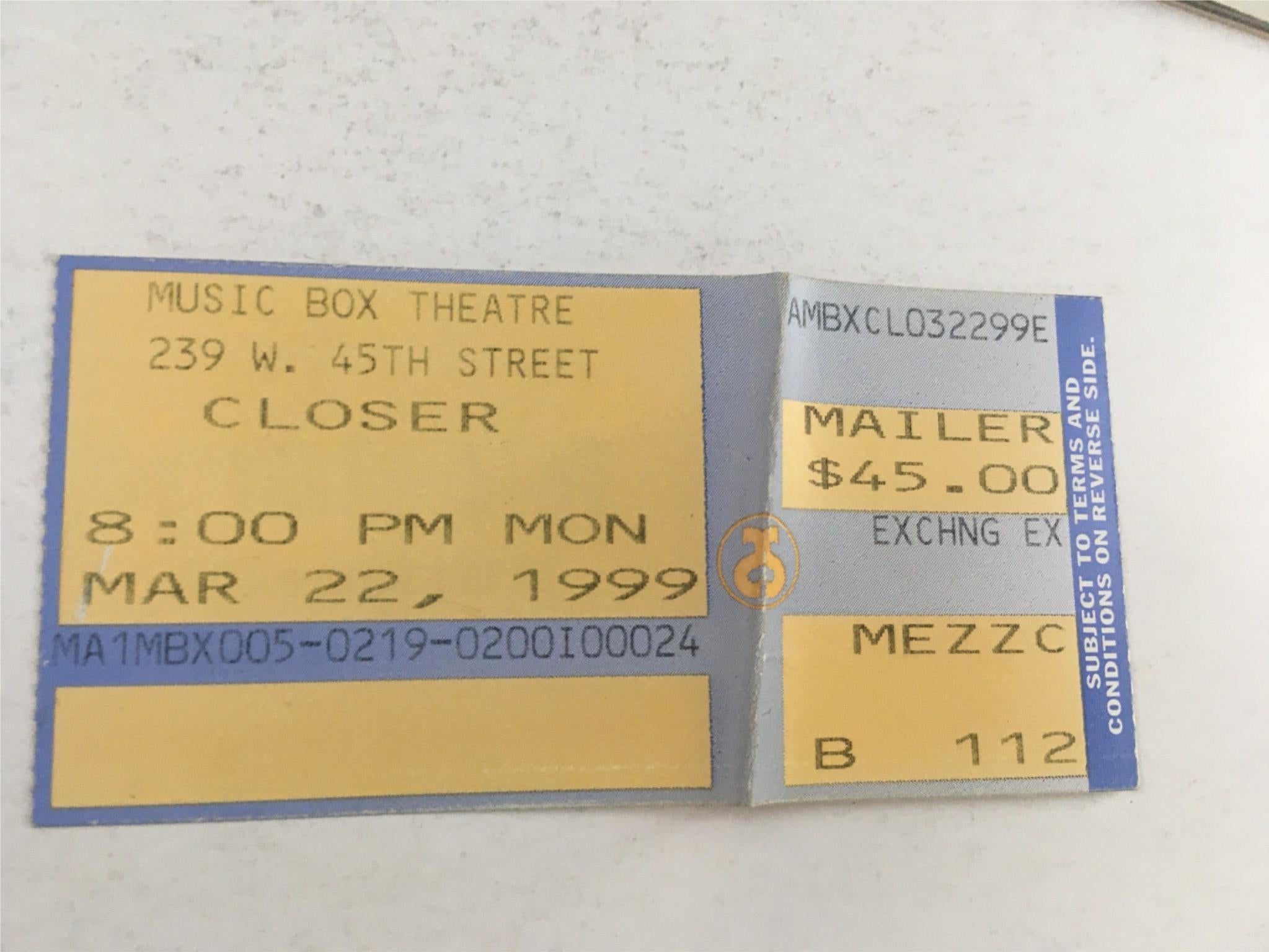 1999 Playbill Closer by Patrick Marber at The Music Box with Ticket