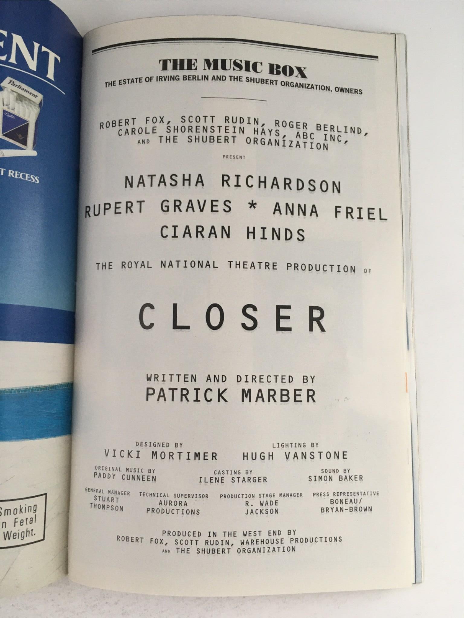 1999 Playbill Closer by Patrick Marber at The Music Box with Ticket