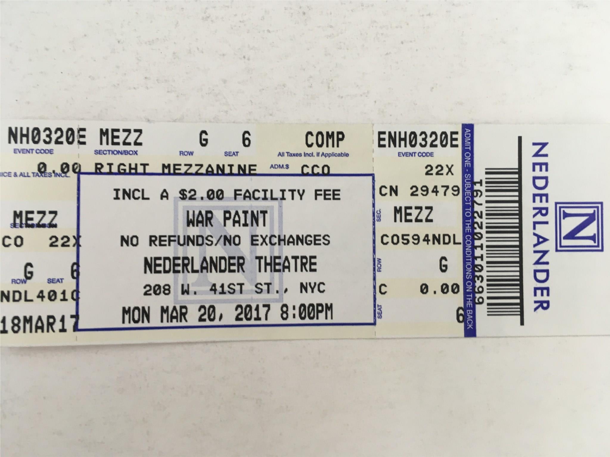 2017 Playbill War Paint by Patti Lupone, Michael Greif at Nederlander Theatre