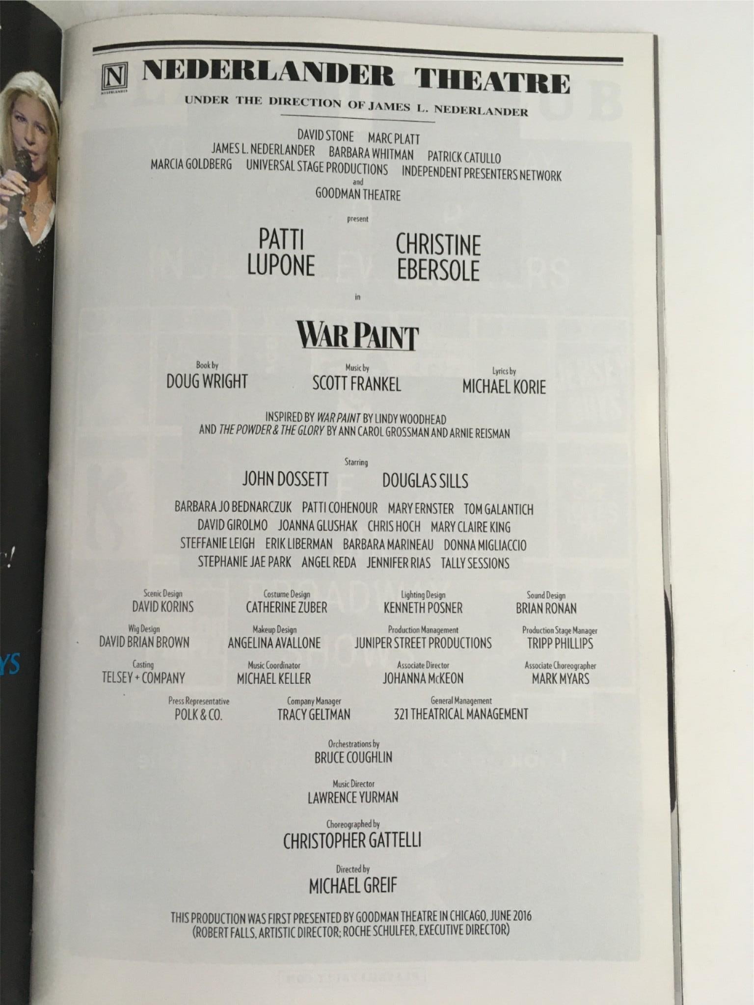 2017 Playbill War Paint by Patti Lupone, Michael Greif at Nederlander Theatre