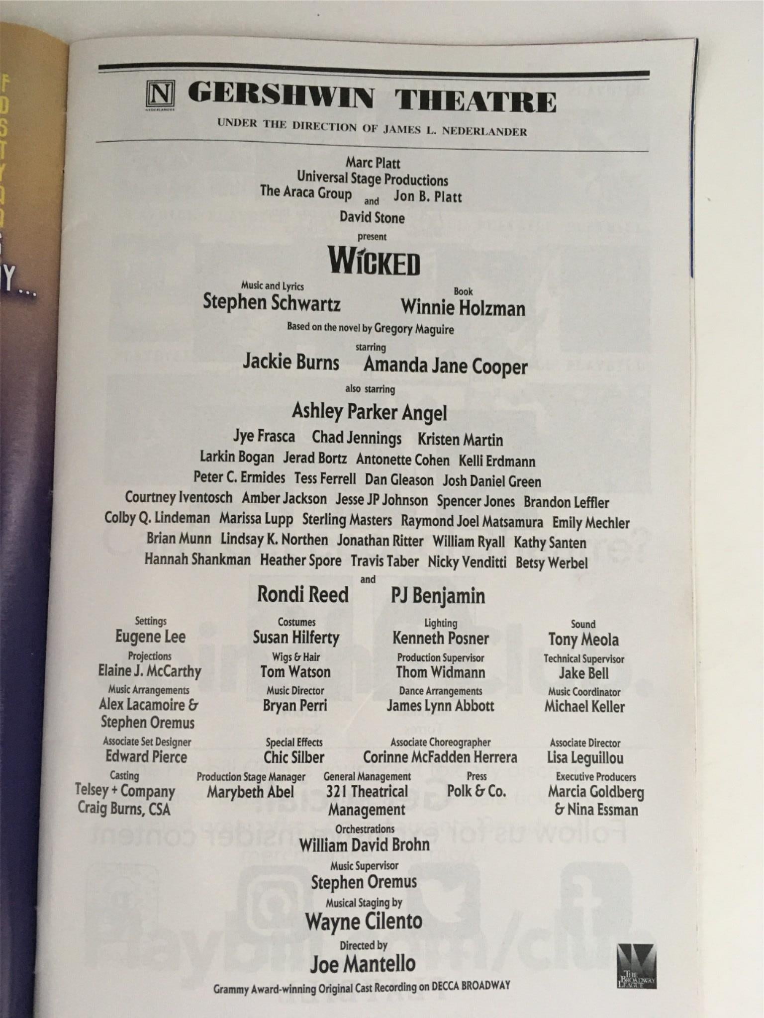 2017 Playbill Wicked by Amanda Jane Cooper, Jackie Burns at Gershwin Theatre