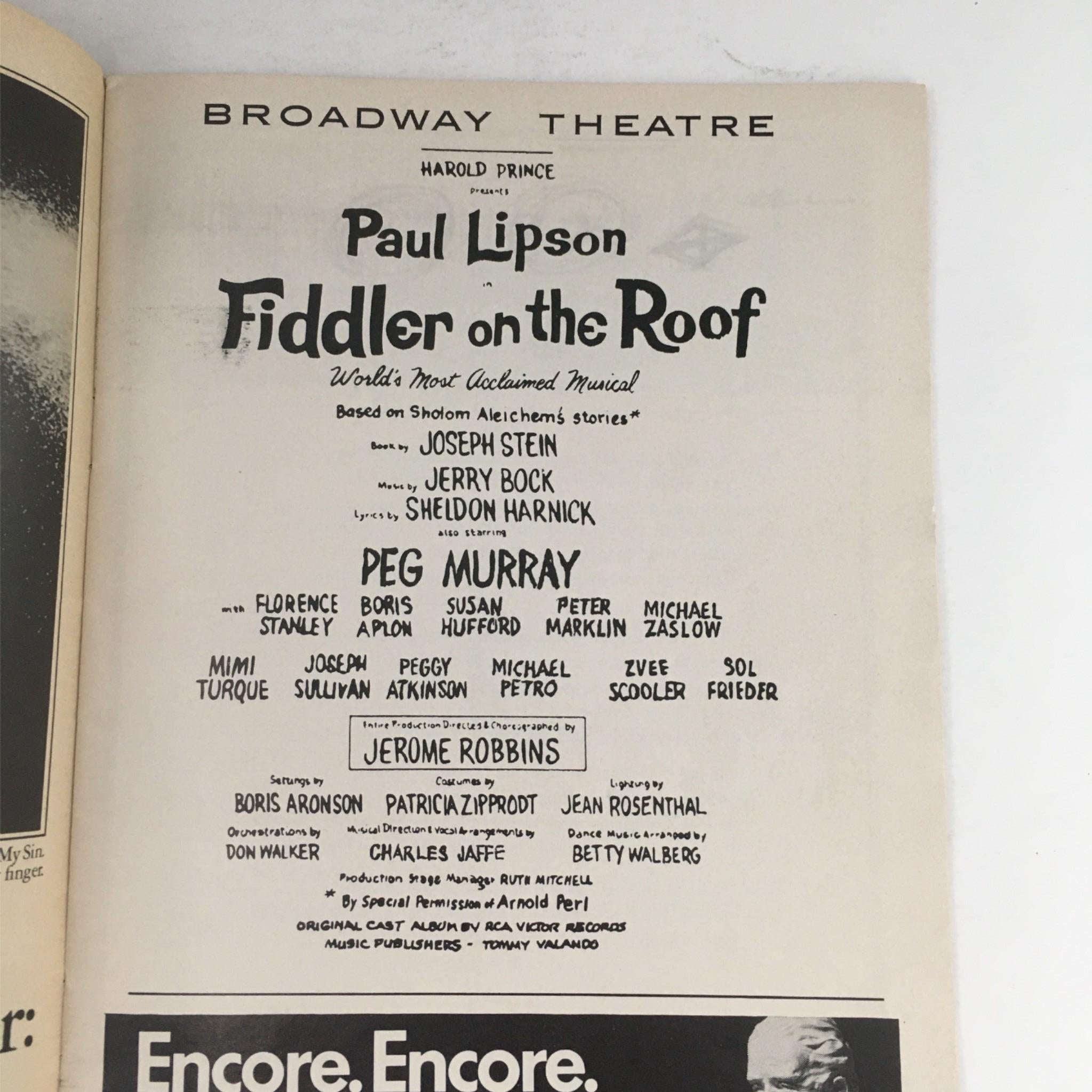 1971 Playbill Fiddler on the Roof by Paul Lipson at Broadway Theatre