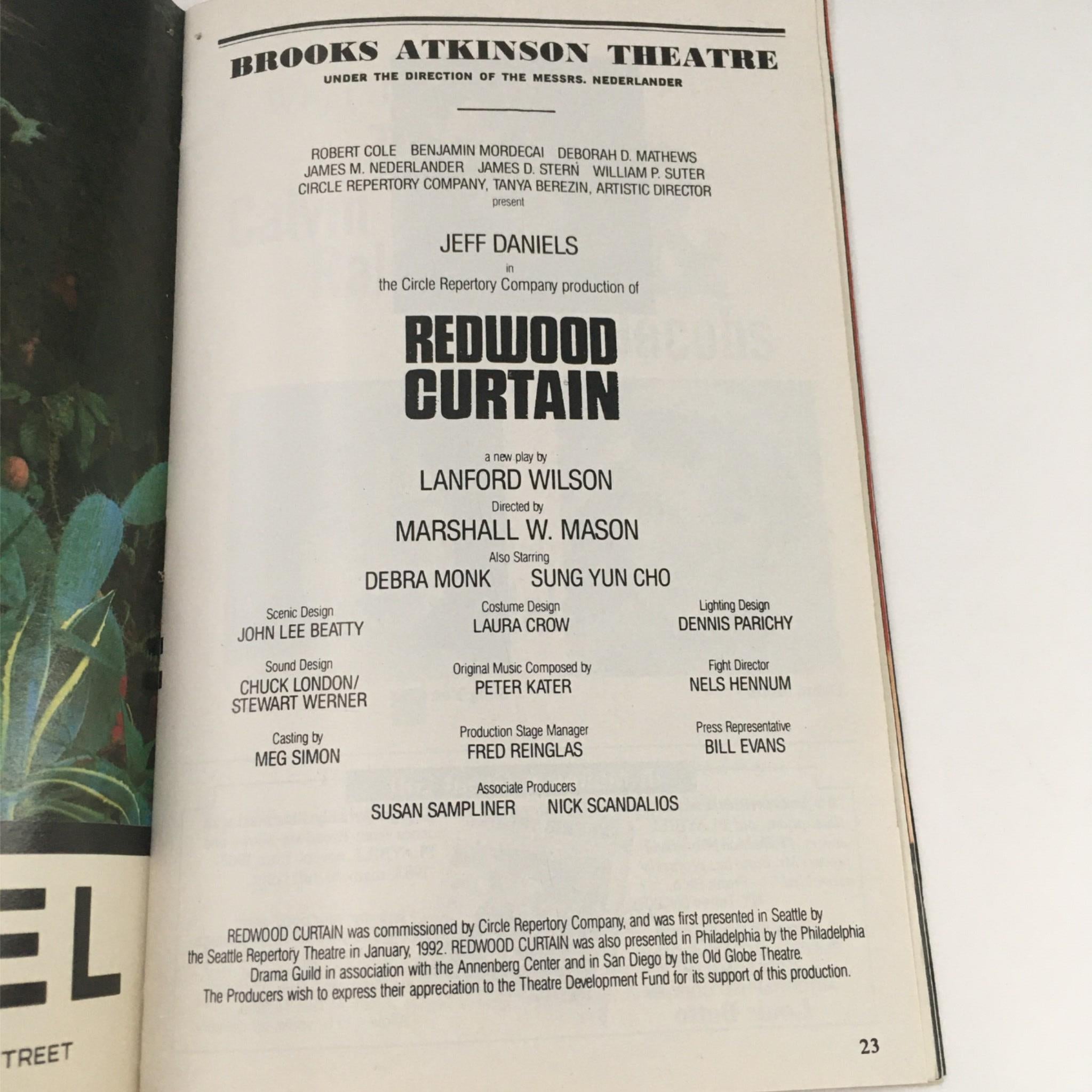 1993 Playbill Redwood Curtain by Jeff Daniels at Brooks Atkinson Theatre