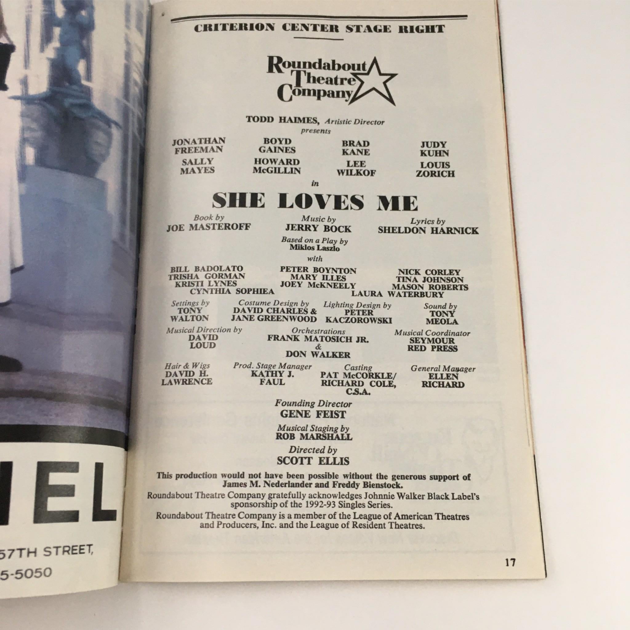 1993 Playbill She Loves Me by Scott Ellis at Criterion Center Stage Right