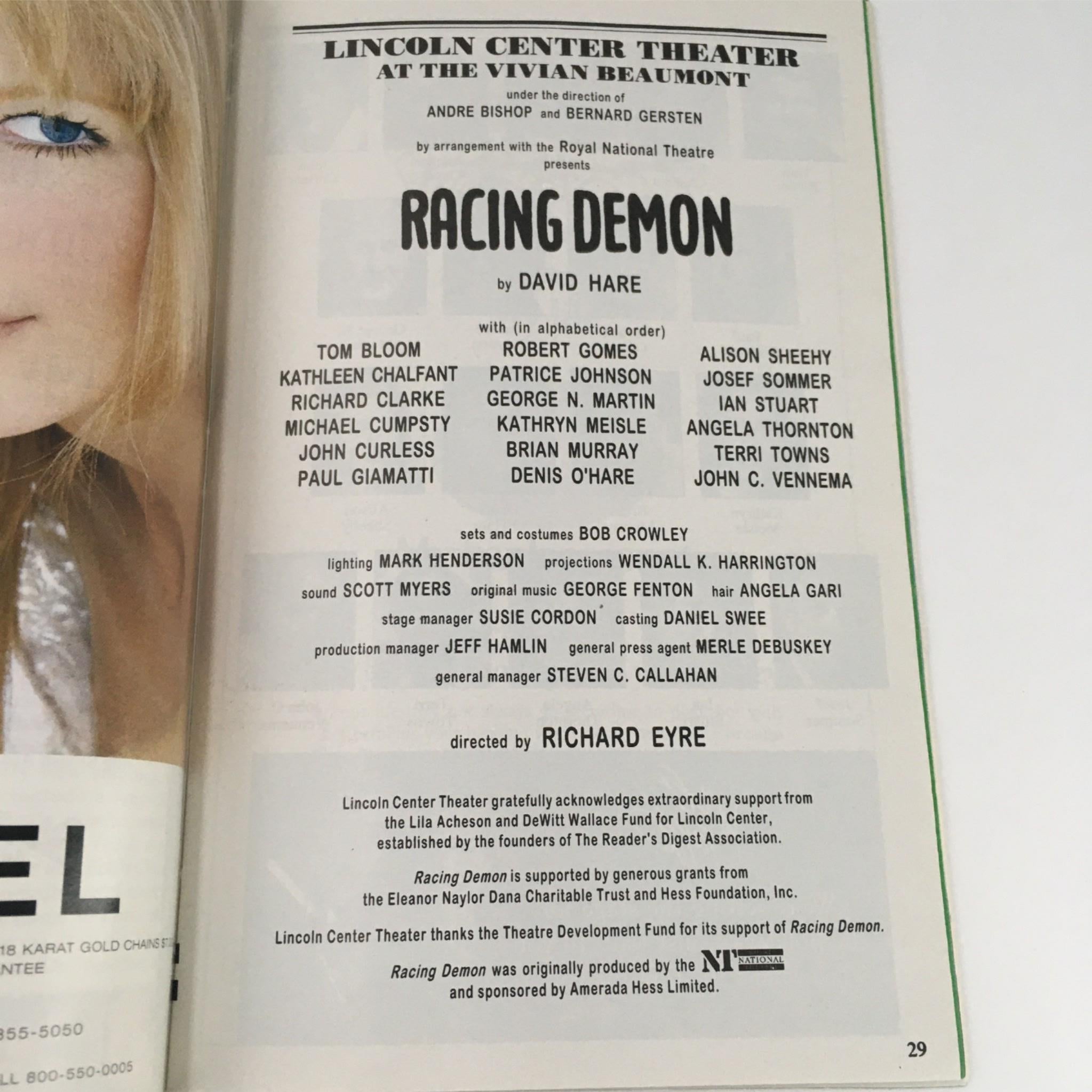 1995 Playbill Racing Demon by David Hare, Richard Eyre at Lincoln Center Theatre