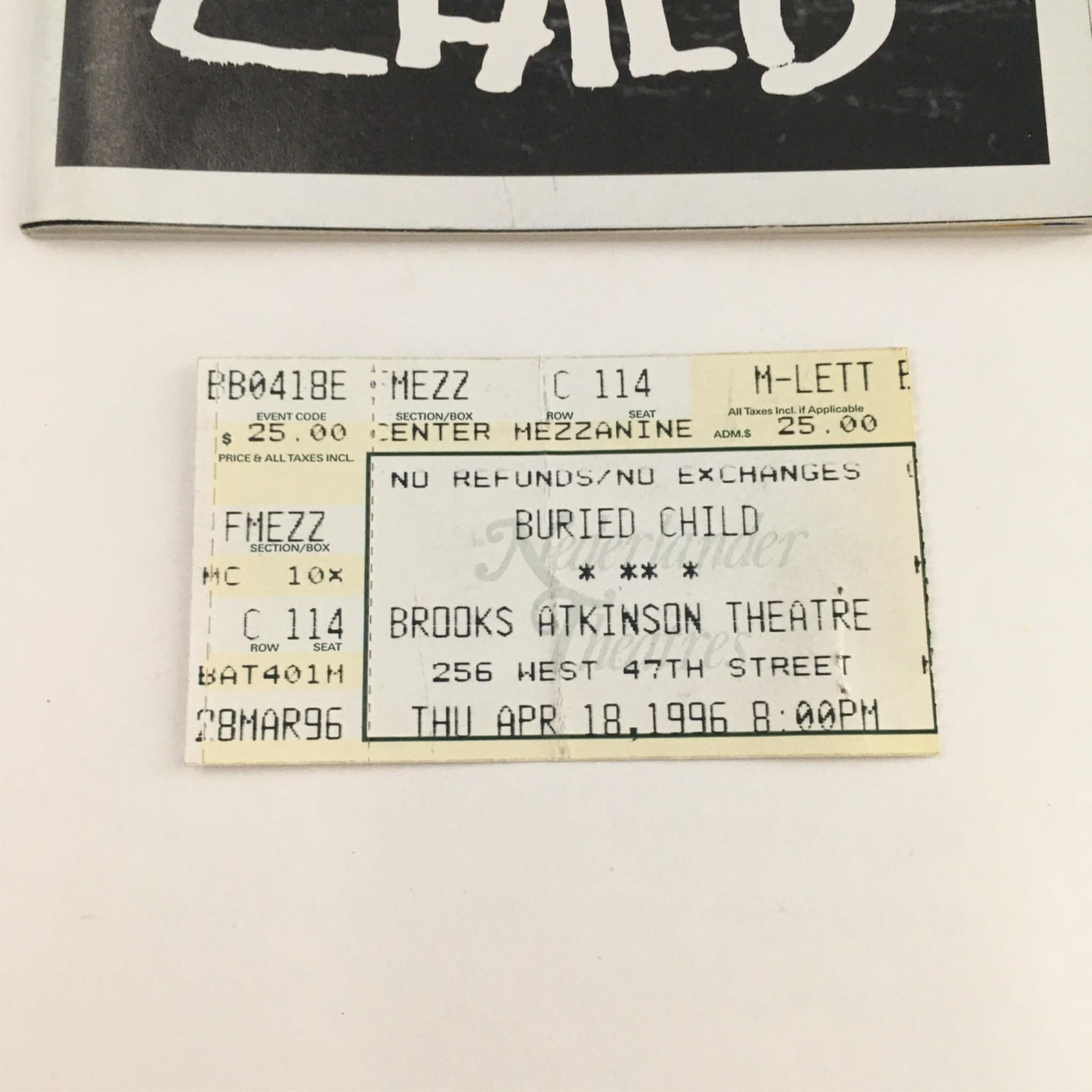 1996 Playbill Buried Child by Sam Shepard, Gary Sinise, Brooks Atkinson Theatre