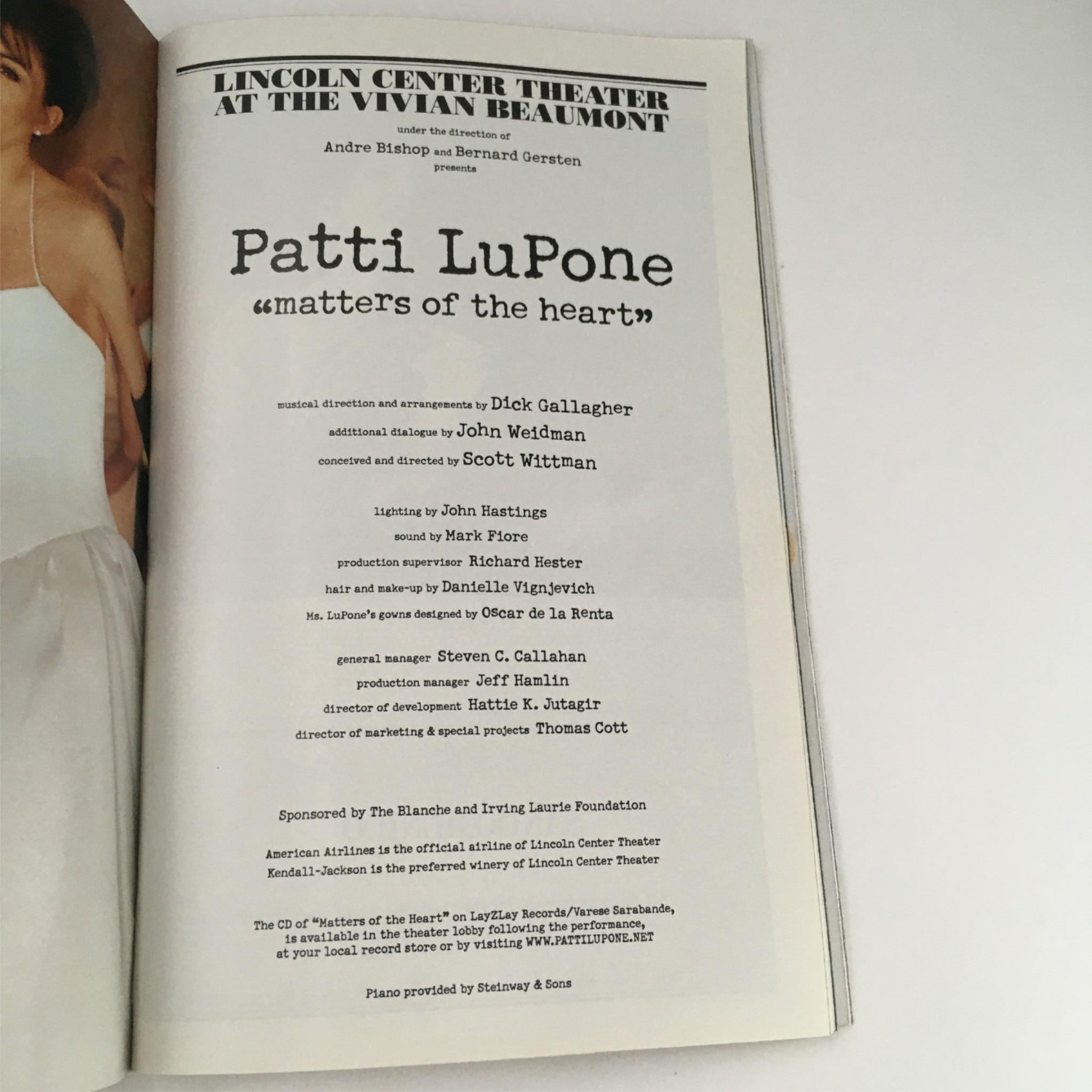 2000 Playbill Patti Lupone Matters of the Heart ay Lincoln Center Theatre