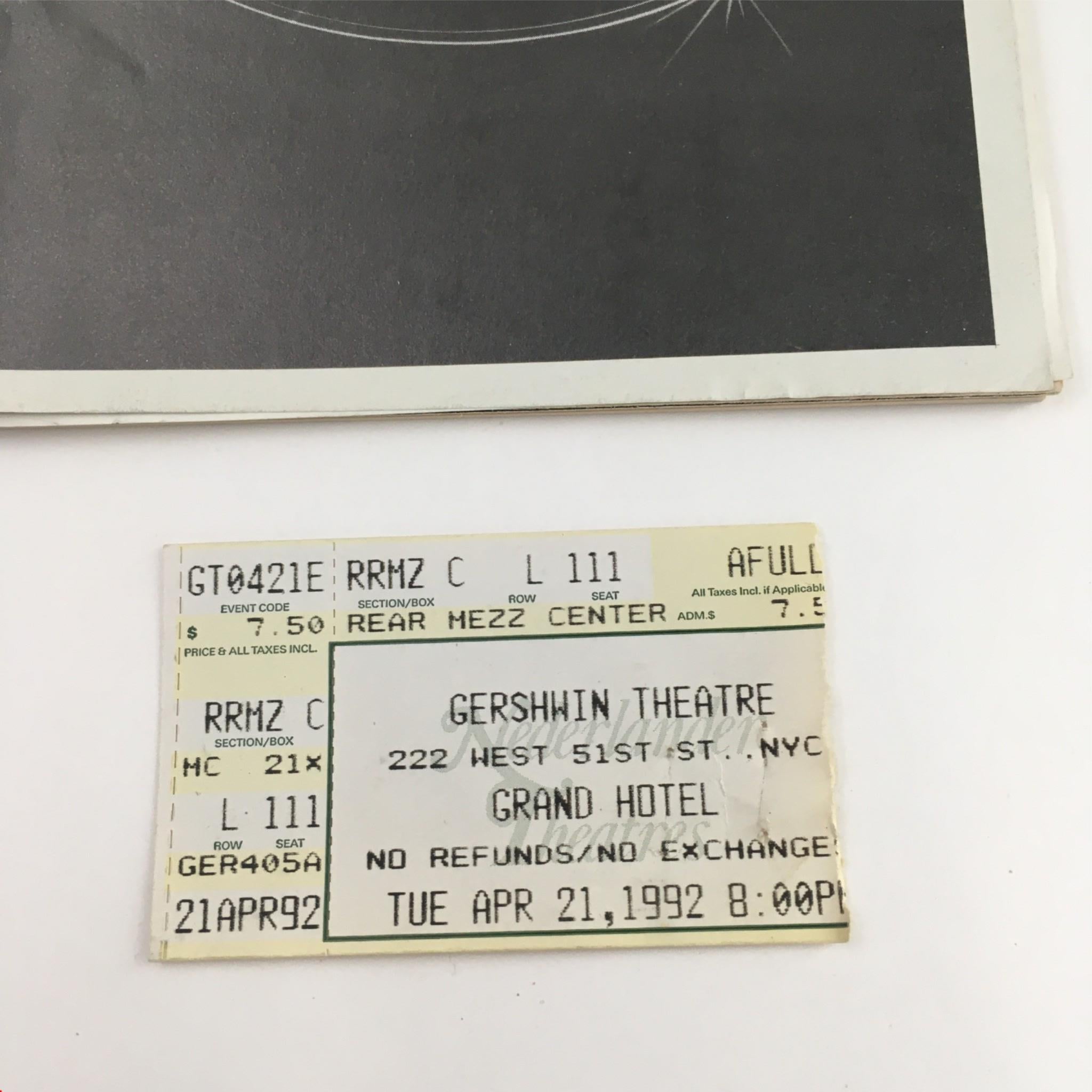 1992 Playbill Grand Hotel The Musical by Tommy Tune at Gershwin Theatre