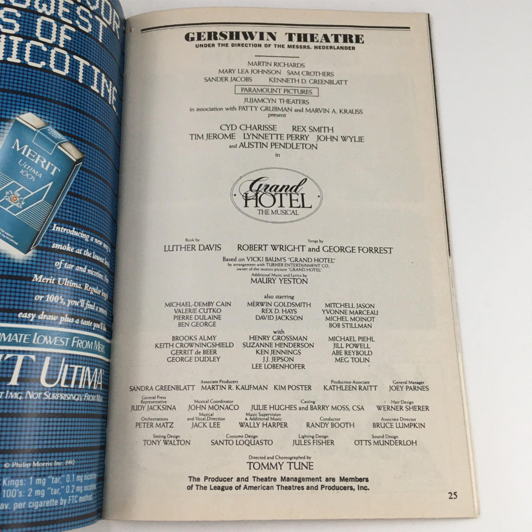 1992 Playbill Grand Hotel The Musical by Tommy Tune at Gershwin Theatre