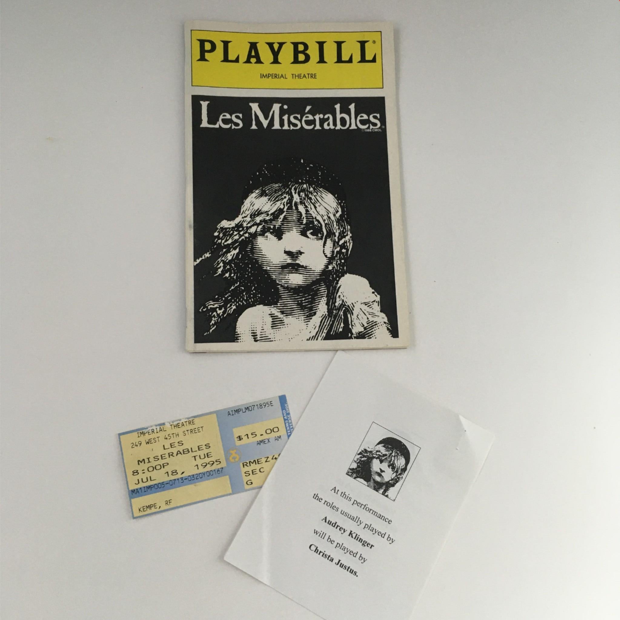 1995 Playbill Les Misérables by Victor Hugo, Cameron Mackintosh Imperial Theatre