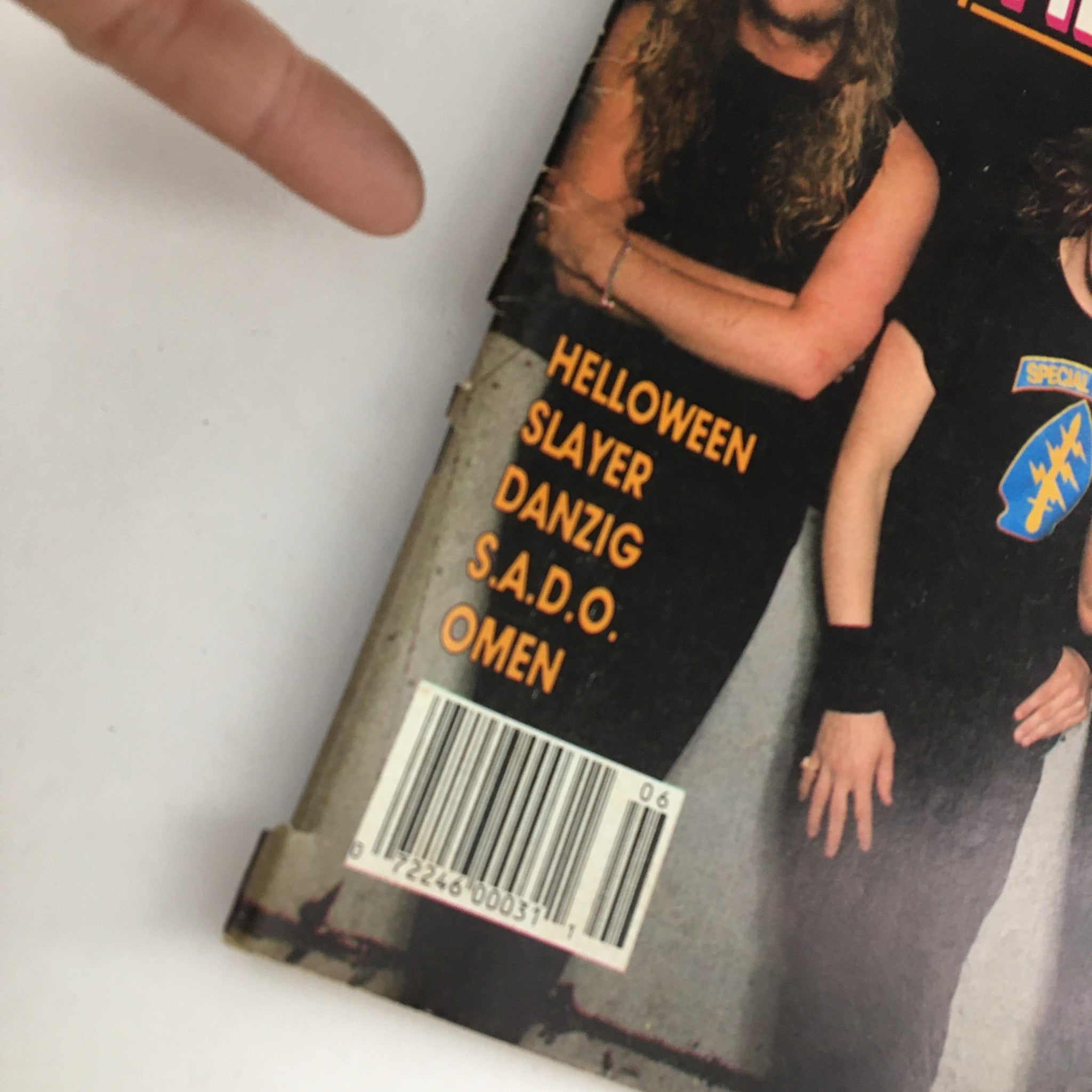 Close-up detail of the spine of Hit Parader Power Metal June 1989 magazine highlighting features such as 'Helloween', 'Slayer', and 'Danzig'.