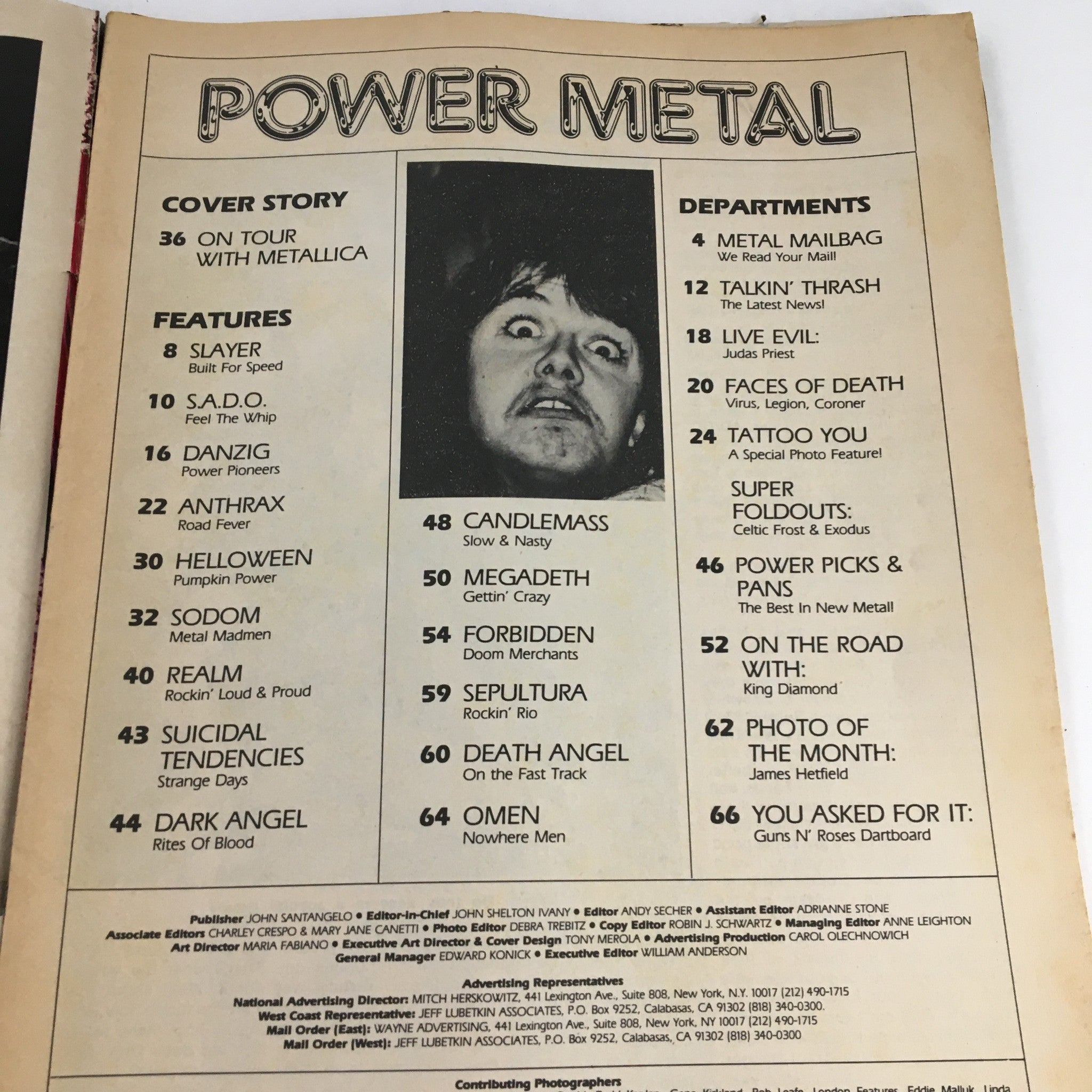 Inside page of Hit Parader Power Metal June 1989 magazine displaying the table of contents with articles on metal bands like Slayer, Anthrax, and Sepultura.
