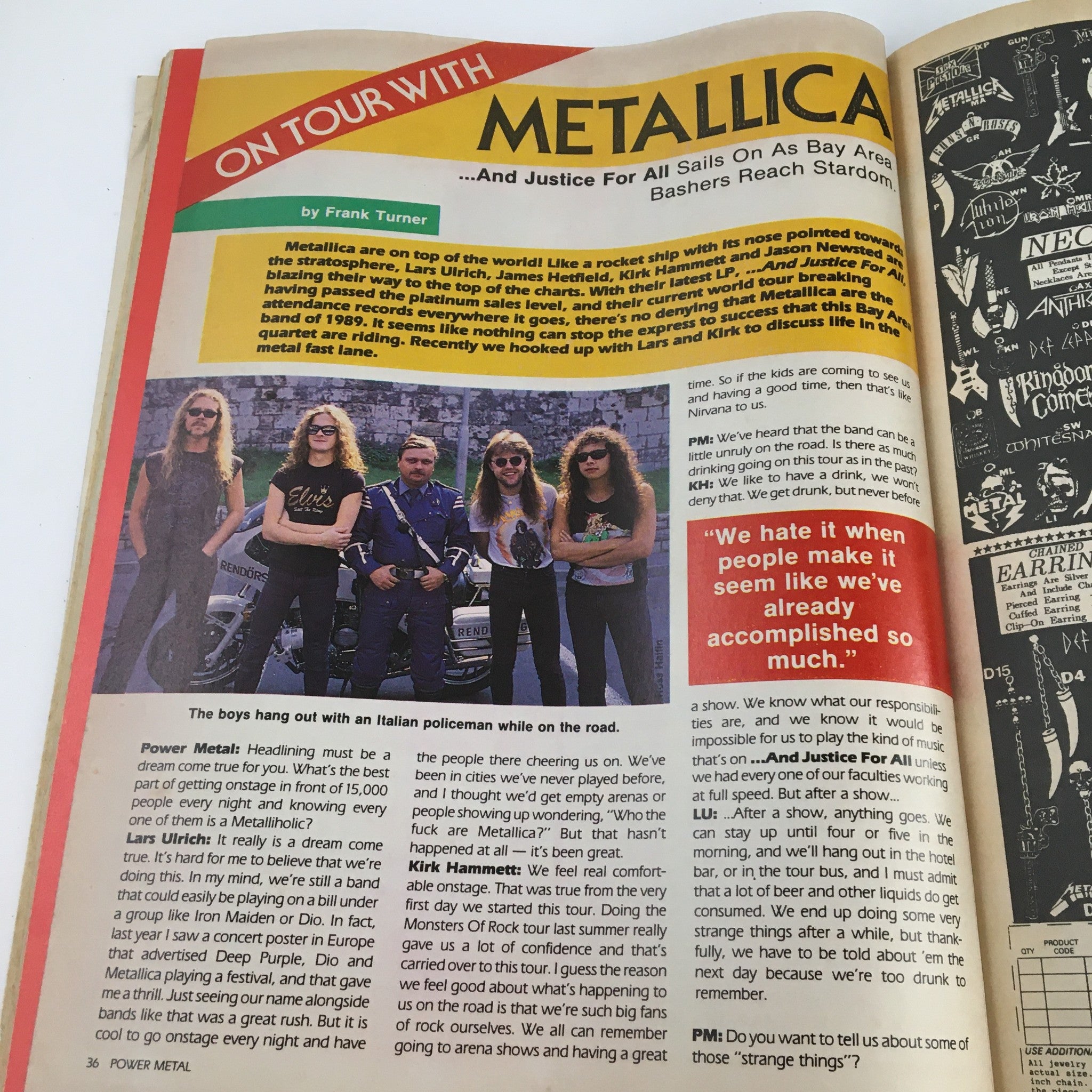 Article from Hit Parader Power Metal June 1989, showcasing Metallica on tour with an image of the band and text about their rise in the music scene.