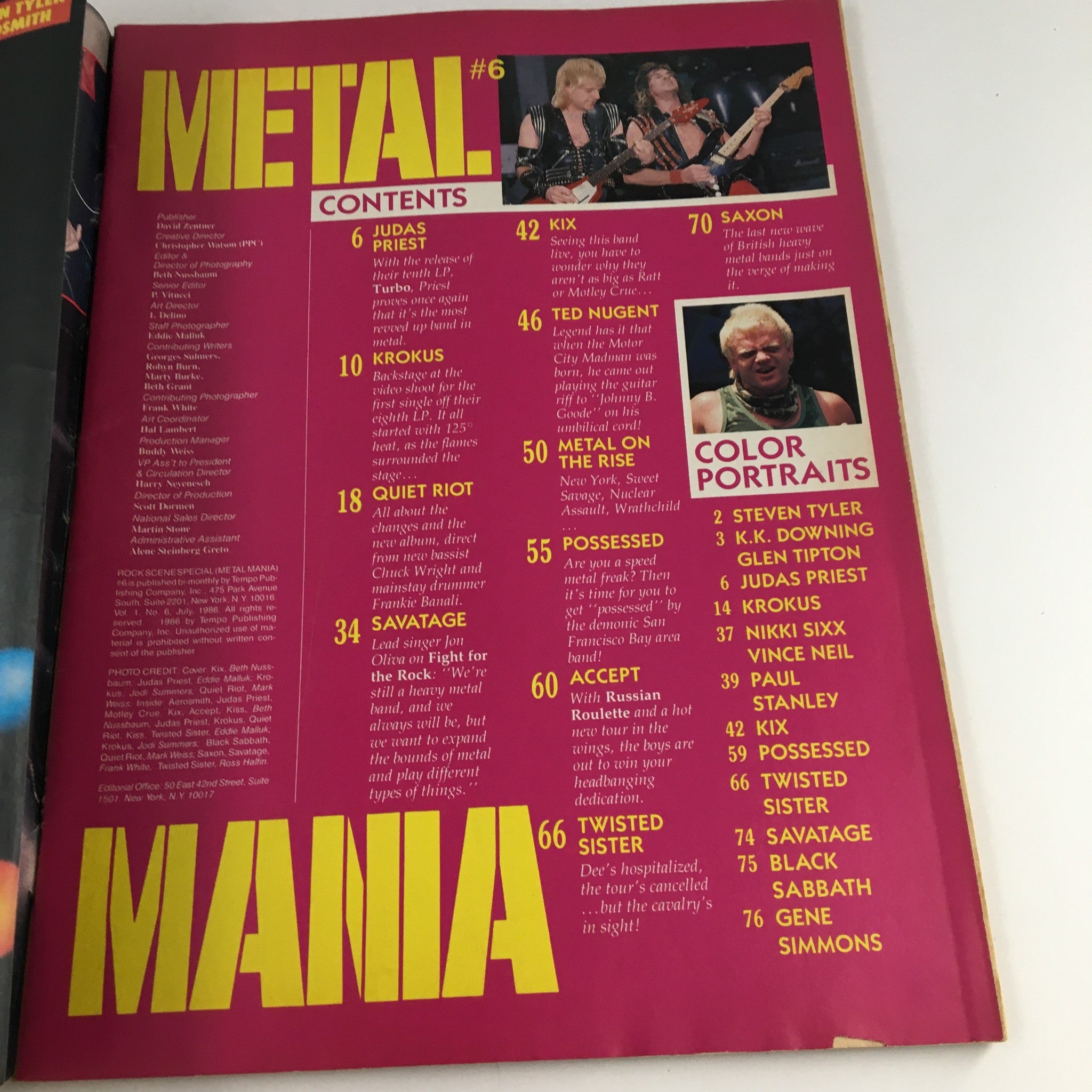 Contents page of Rock Scene Metal Mania Magazine July 1986 detailing articles on bands like Judas Priest, Krokus, and Quiet Riot along with interviews.