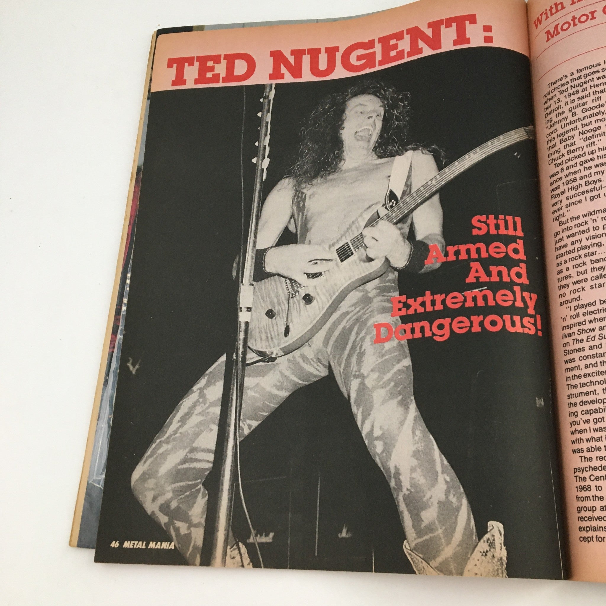 Article spread featuring Ted Nugent in Rock Scene Metal Mania Magazine July 1986, highlighting his energetic stage presence and performance style.