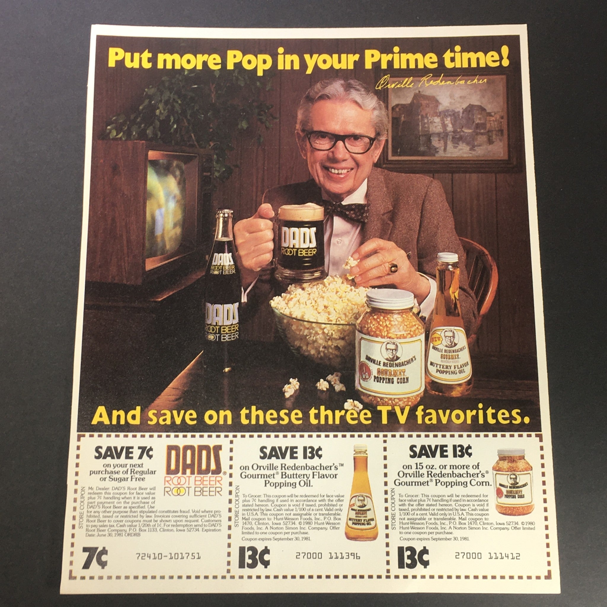 VTG 1981 Dads Root Beer & Orville Redenbacher's Gourmet Popping Corn Ad Coupon