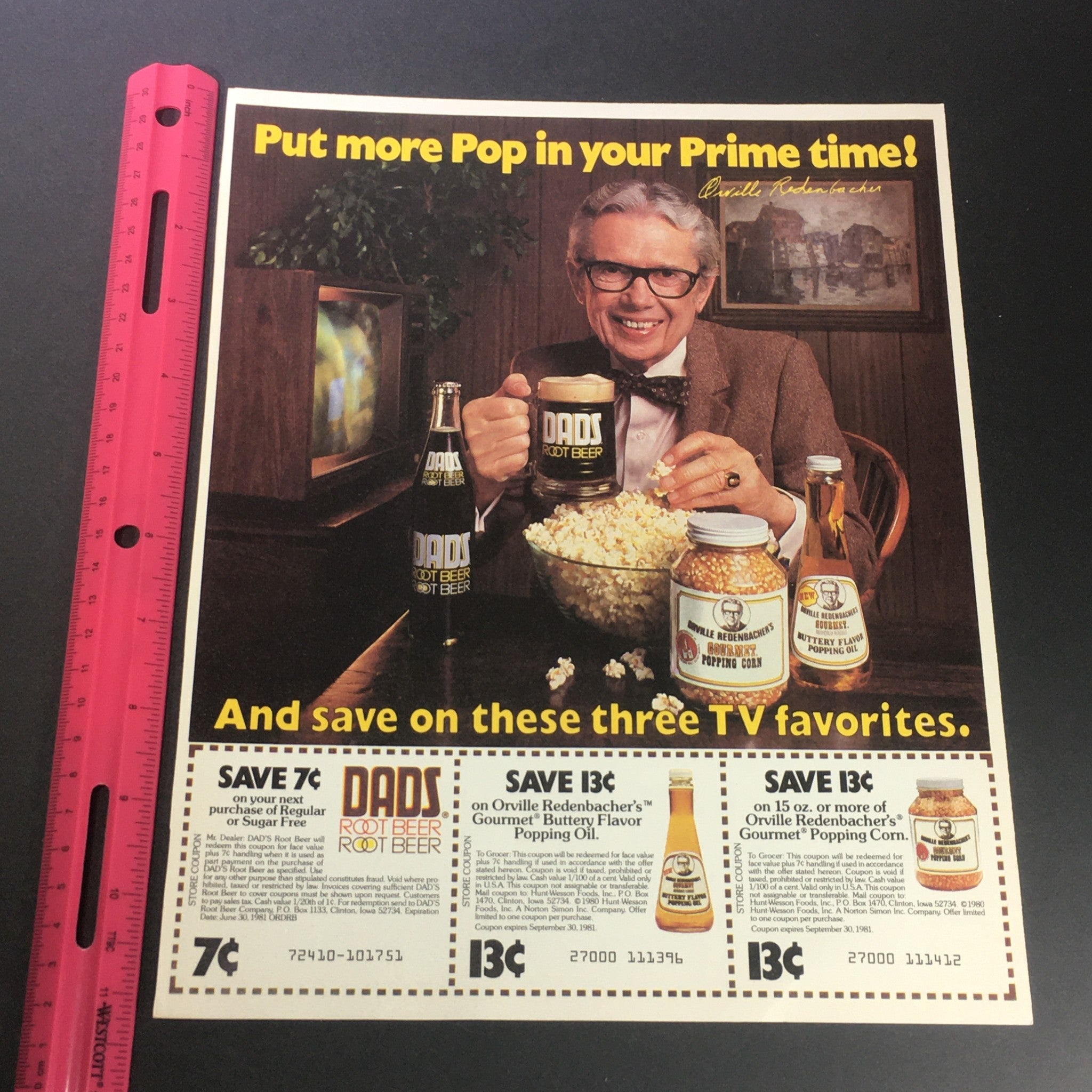 VTG 1981 Dads Root Beer & Orville Redenbacher's Gourmet Popping Corn Ad Coupon