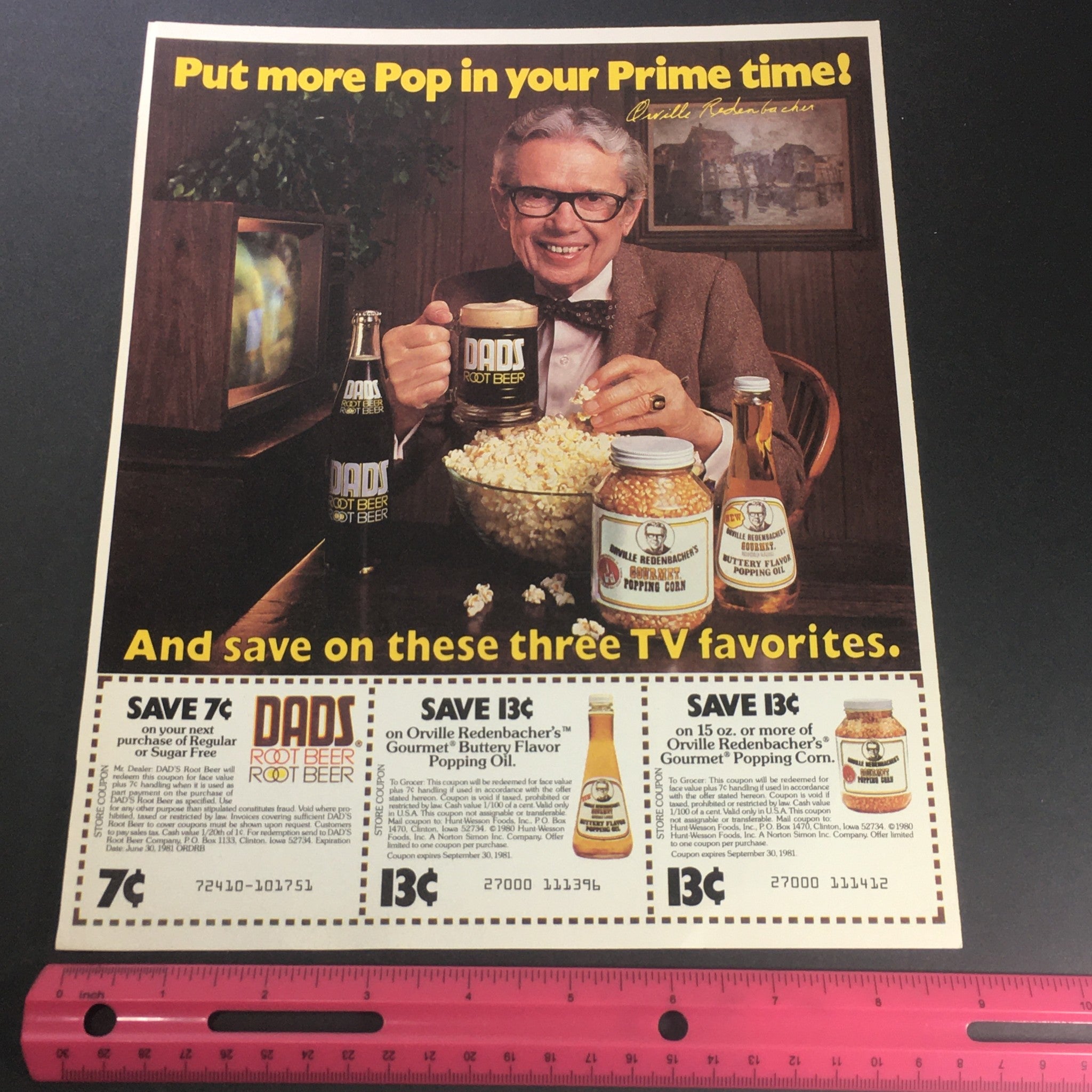 VTG 1981 Dads Root Beer & Orville Redenbacher's Gourmet Popping Corn Ad Coupon