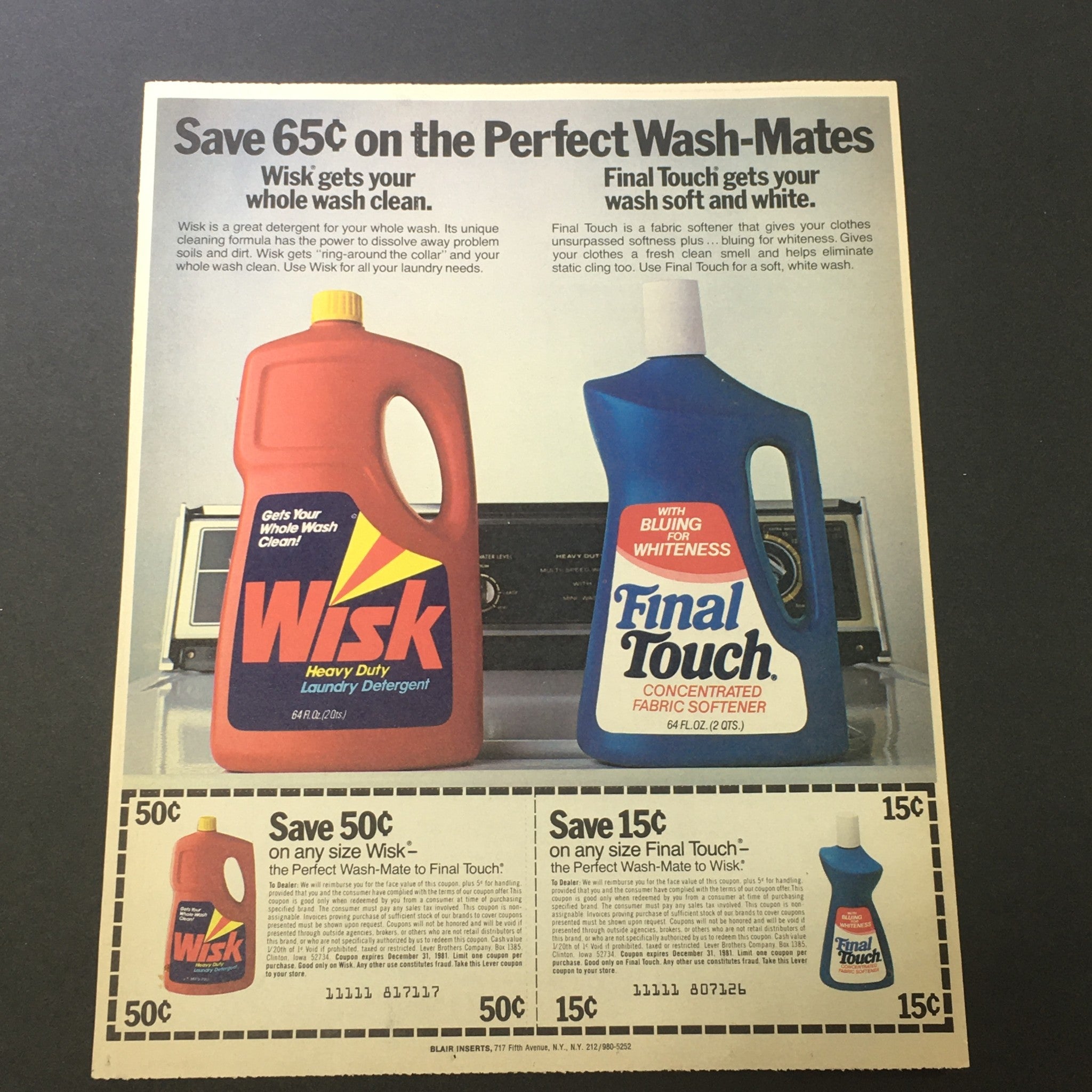 VTG 1981 Wisk Heavy Duty Laundry Detergent & Final Touch Fabcon Softener Coupon