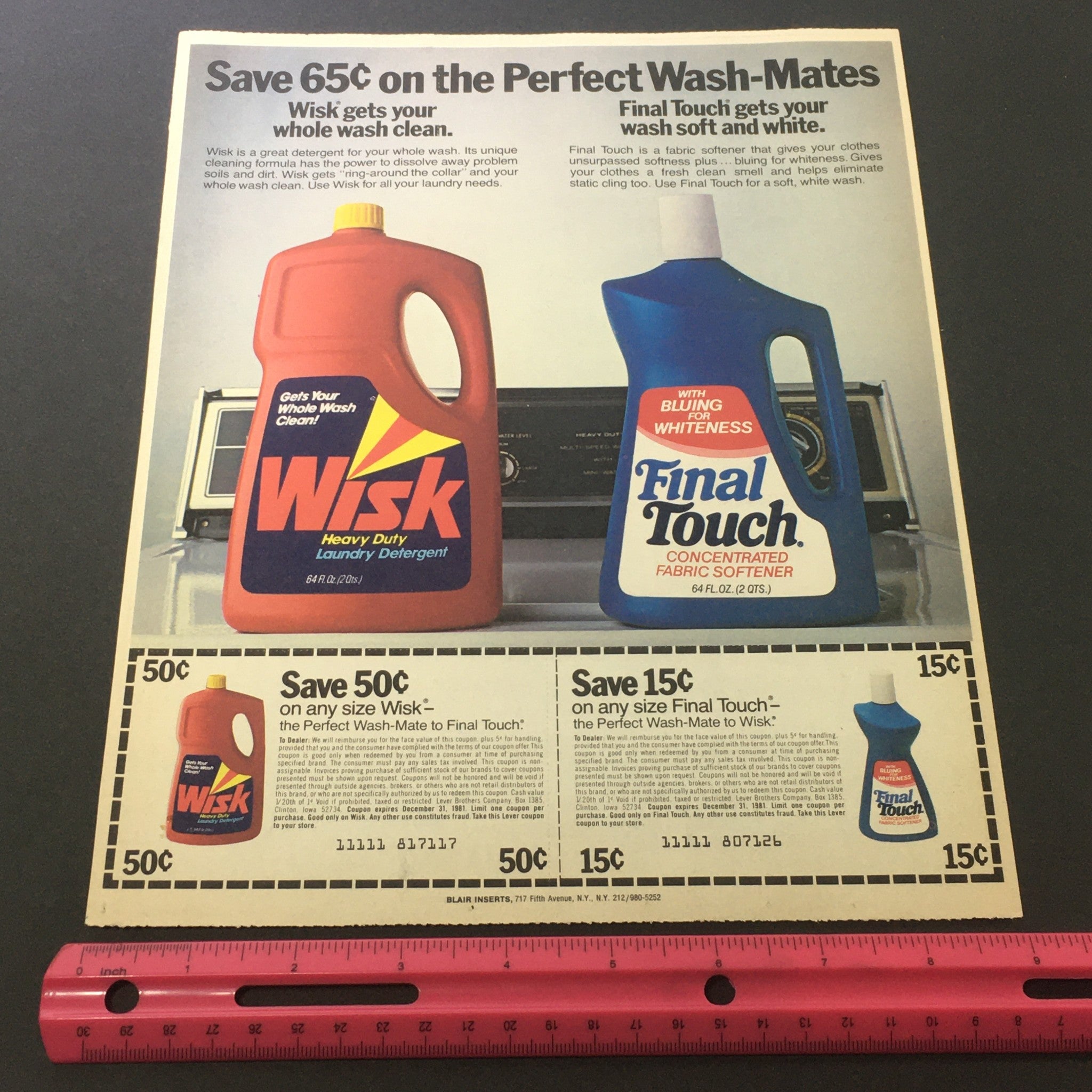 VTG 1981 Wisk Heavy Duty Laundry Detergent & Final Touch Fabcon Softener Coupon